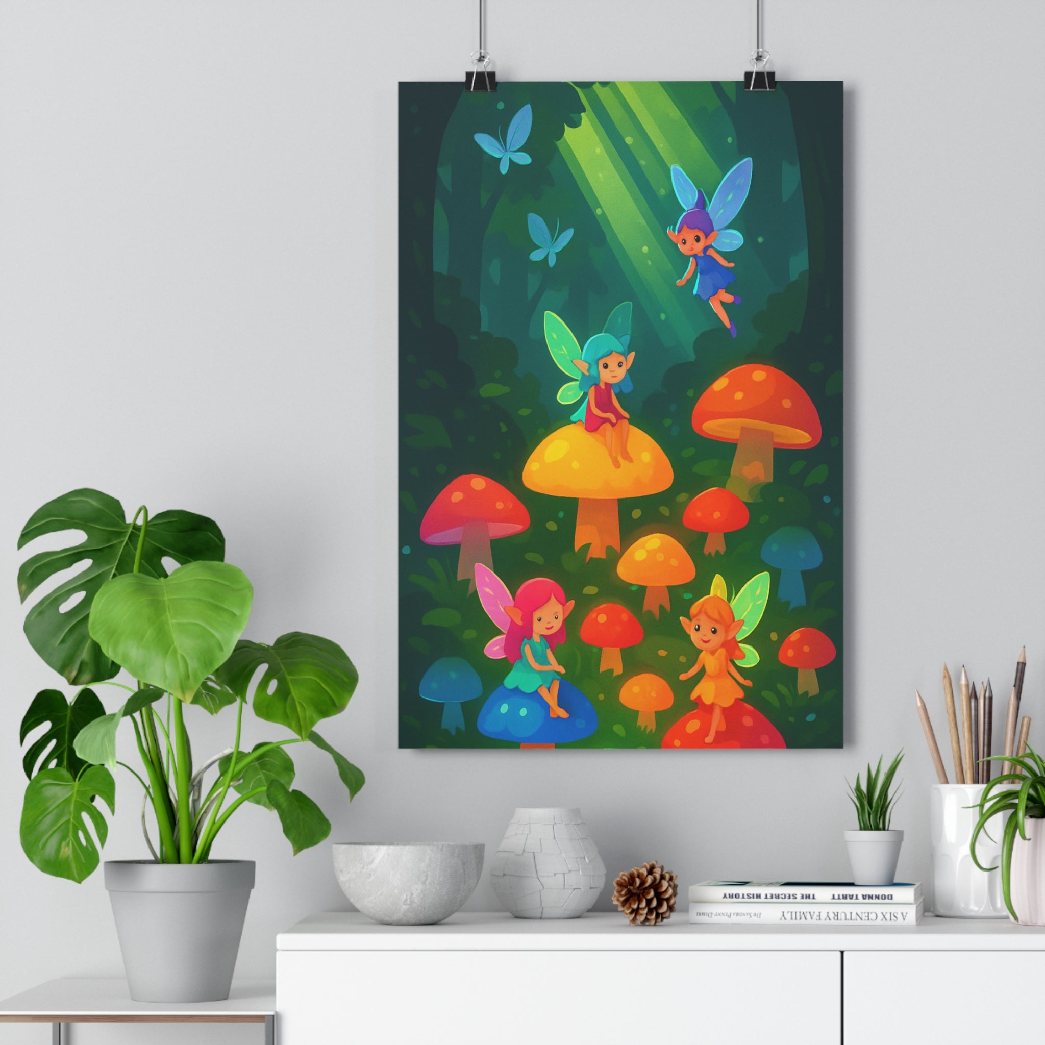 Poster décoratif forêt enchantée fées ailes colorées cartoon lumineux joyeux enfant chambre 30x46 cm