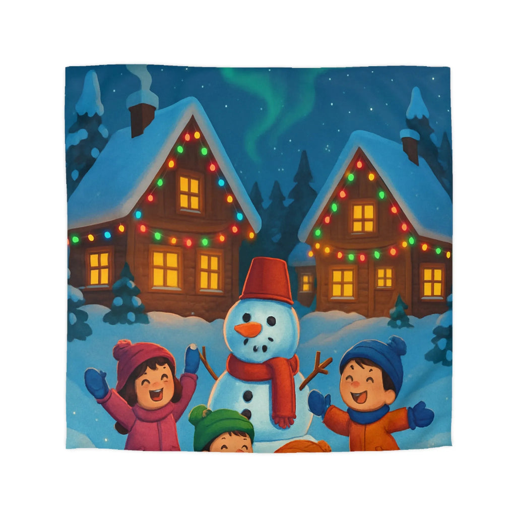 Housse de couette enfants avec design joyeux d'hiver, neige et cabanes éclairées