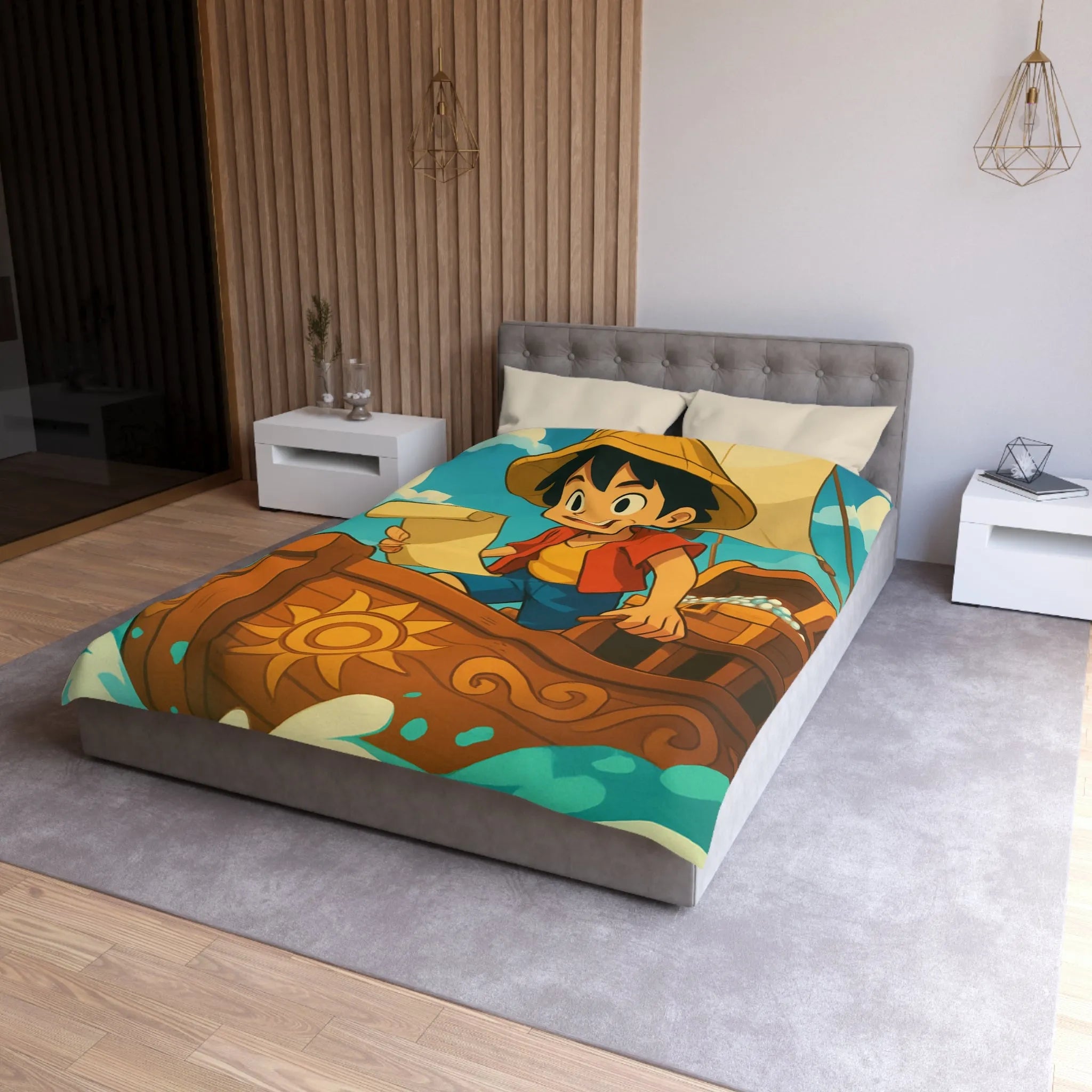 Douce housse de couette enfant motif pirate joyeux en bateau sur vagues bleues