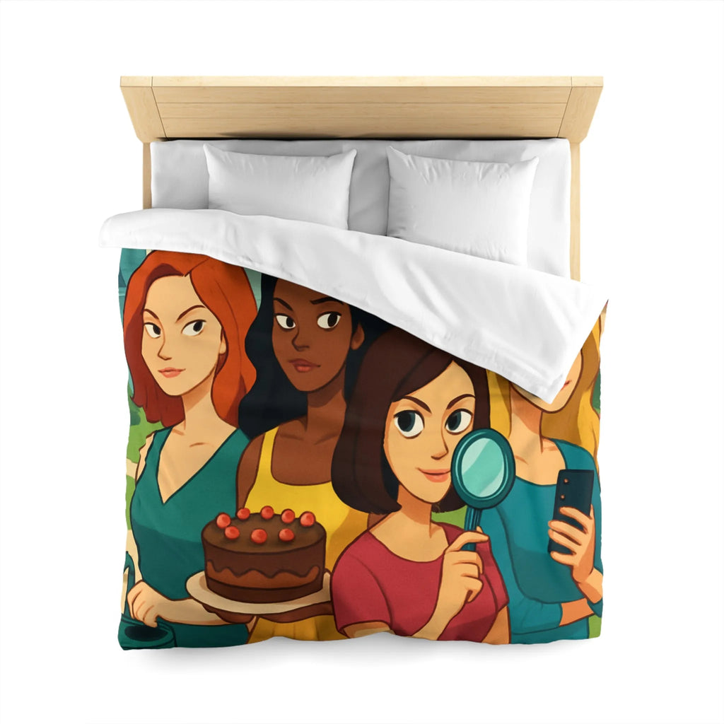 Housse de Couette Illustrée Fête Femme Jardin avec Loupe Gâteau et Téléphone