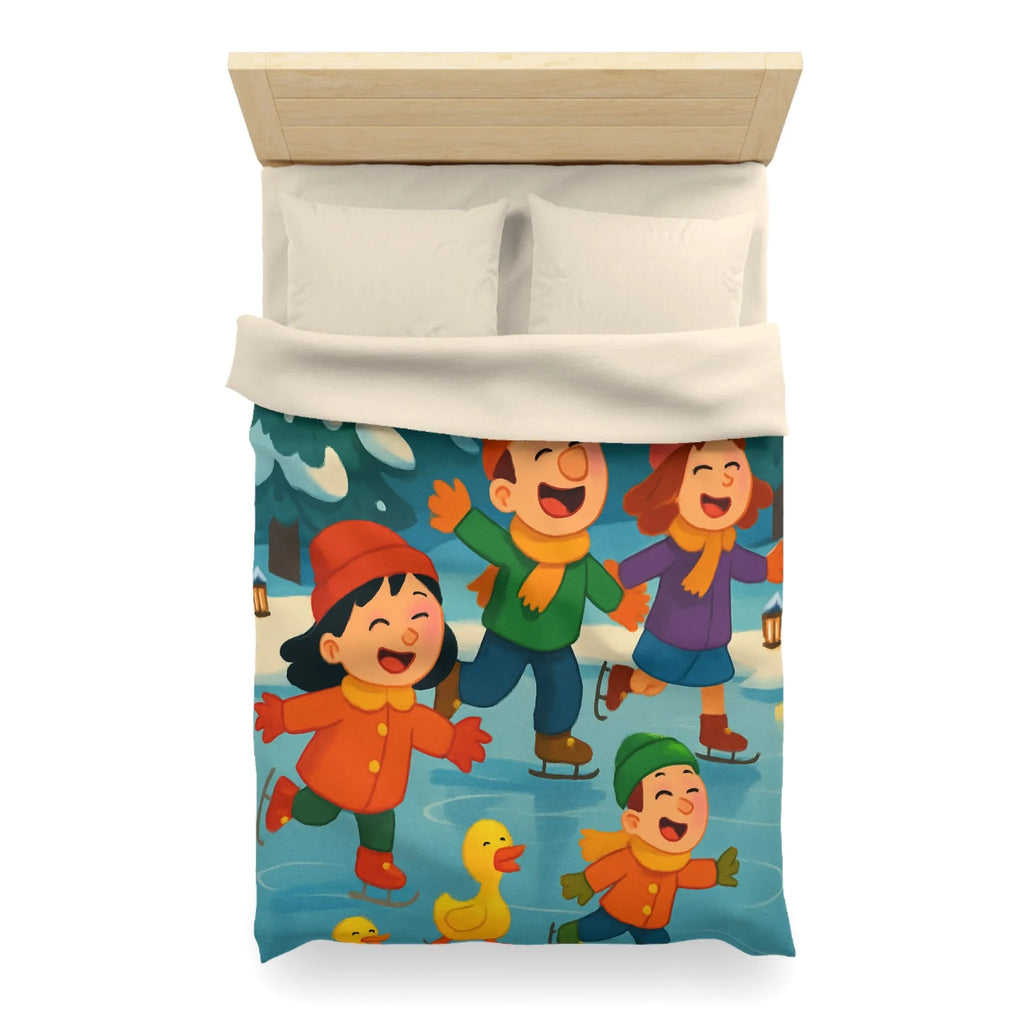Housse de couette hiver joyeuse avec enfants et petits canards patinant sur glace