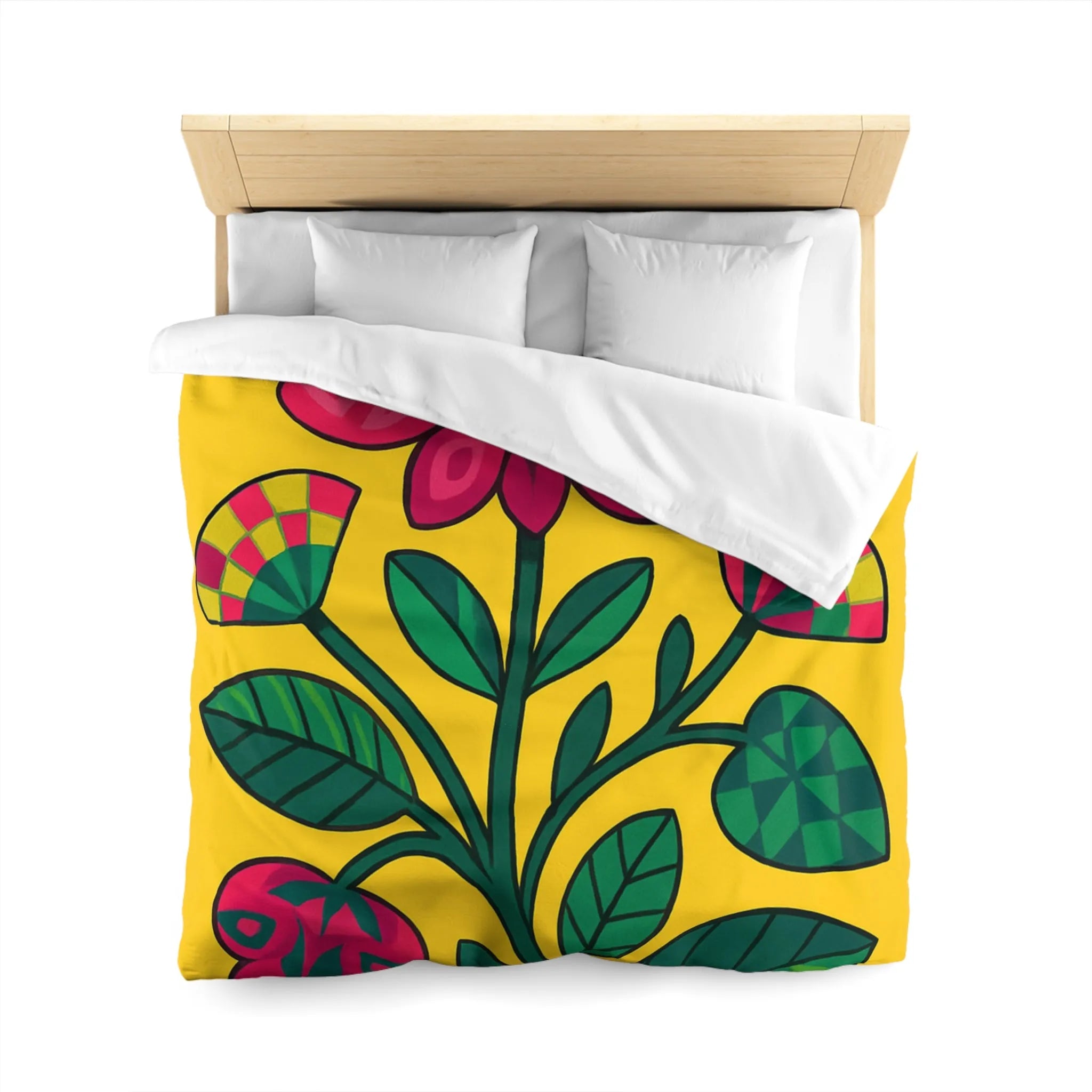 Housse de couette florale vibrante avec grandes fleurs rouges et feuilles vertes sur fond jaune