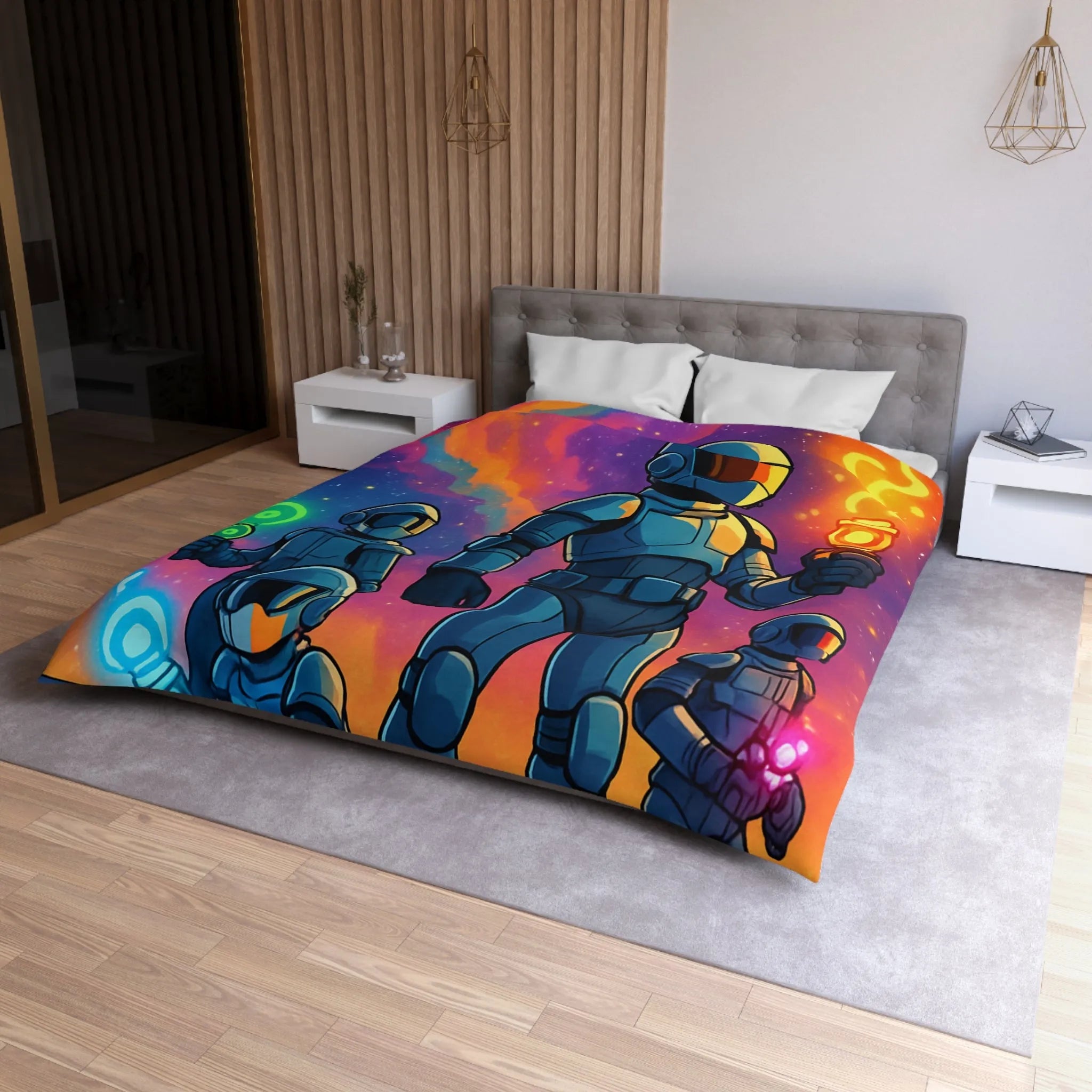 Housse de couette futuriste colorée avec quatre astronautes sous galaxie vibrante et étoilée