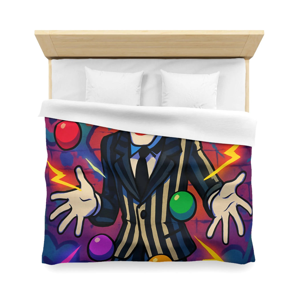 Housse de couette clown rayé jonglant avec des éclairs et des formes colorées