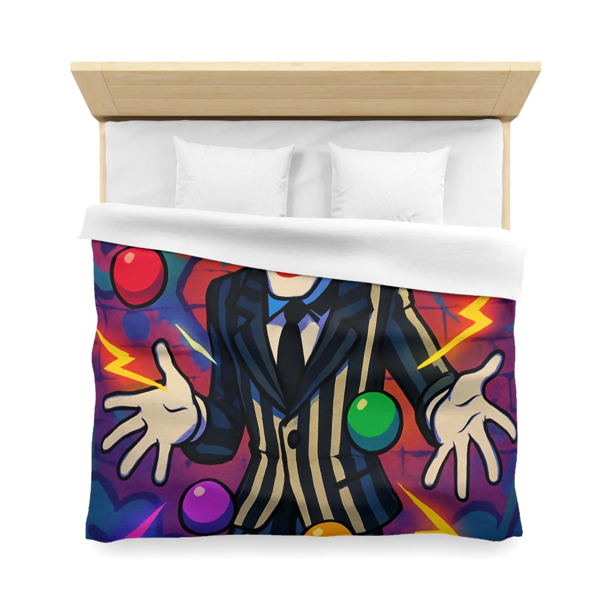 Housse de couette clown rayé jonglant avec des éclairs et des formes colorées