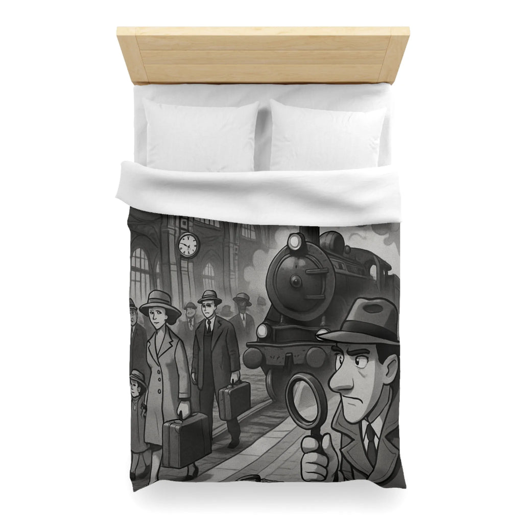 Élégante housse de couette rétro avec train à vapeur et ambiance mystérieuse noir et blanc