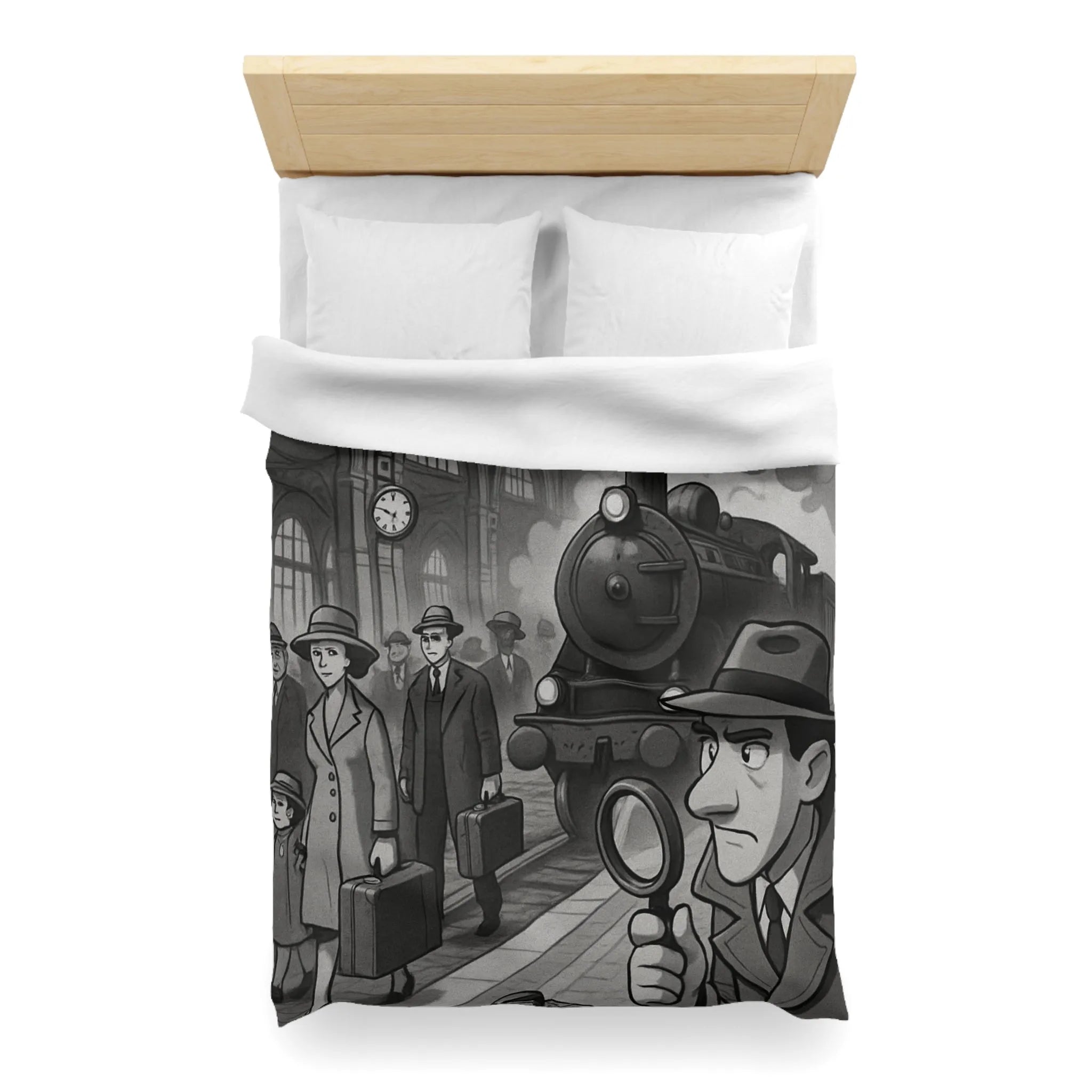 Élégante housse de couette rétro avec train à vapeur et ambiance mystérieuse noir et blanc