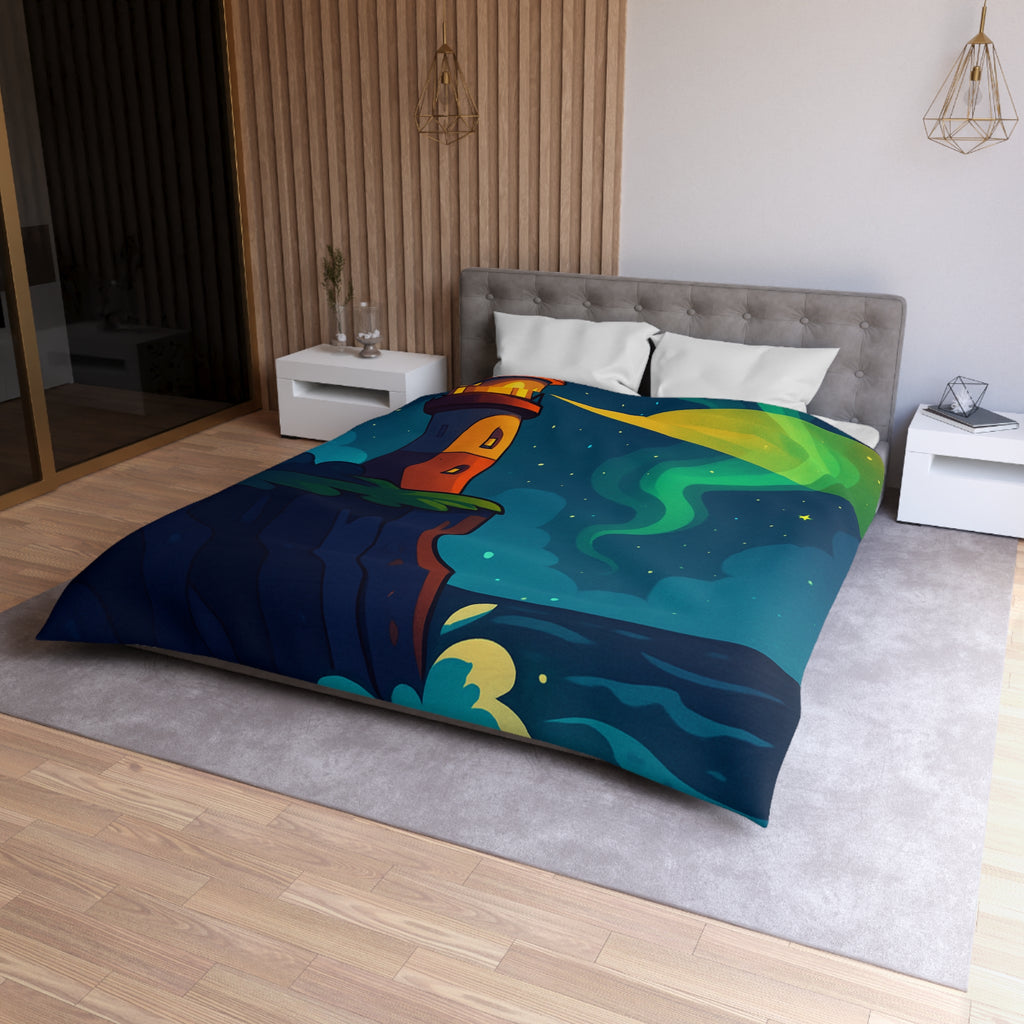 Housse de couette phare rouge illuminant océan étoilé, paysage nocturne inspirant rêve.