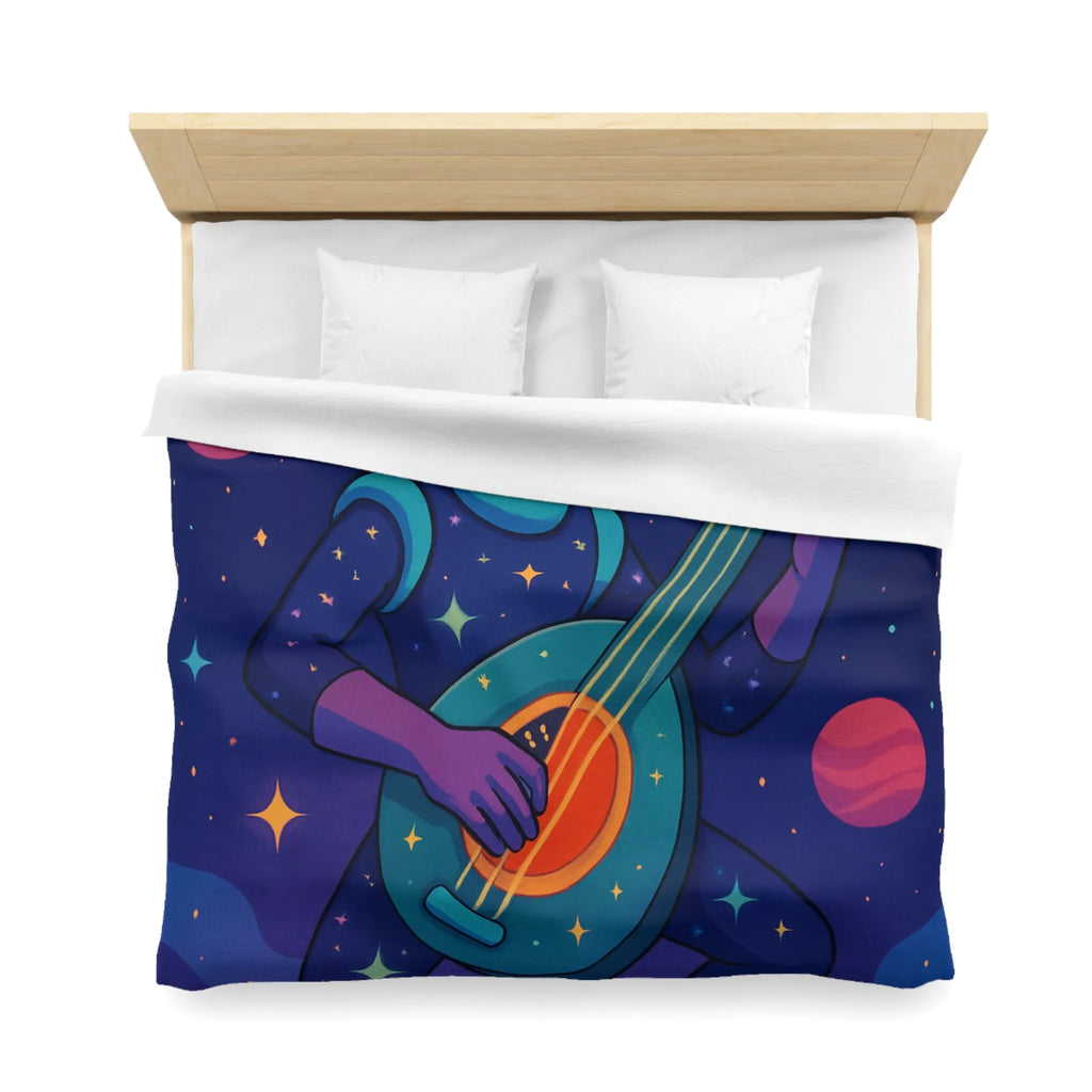 Housse de couette artistique espace avec musicien, planètes et comète colorée
