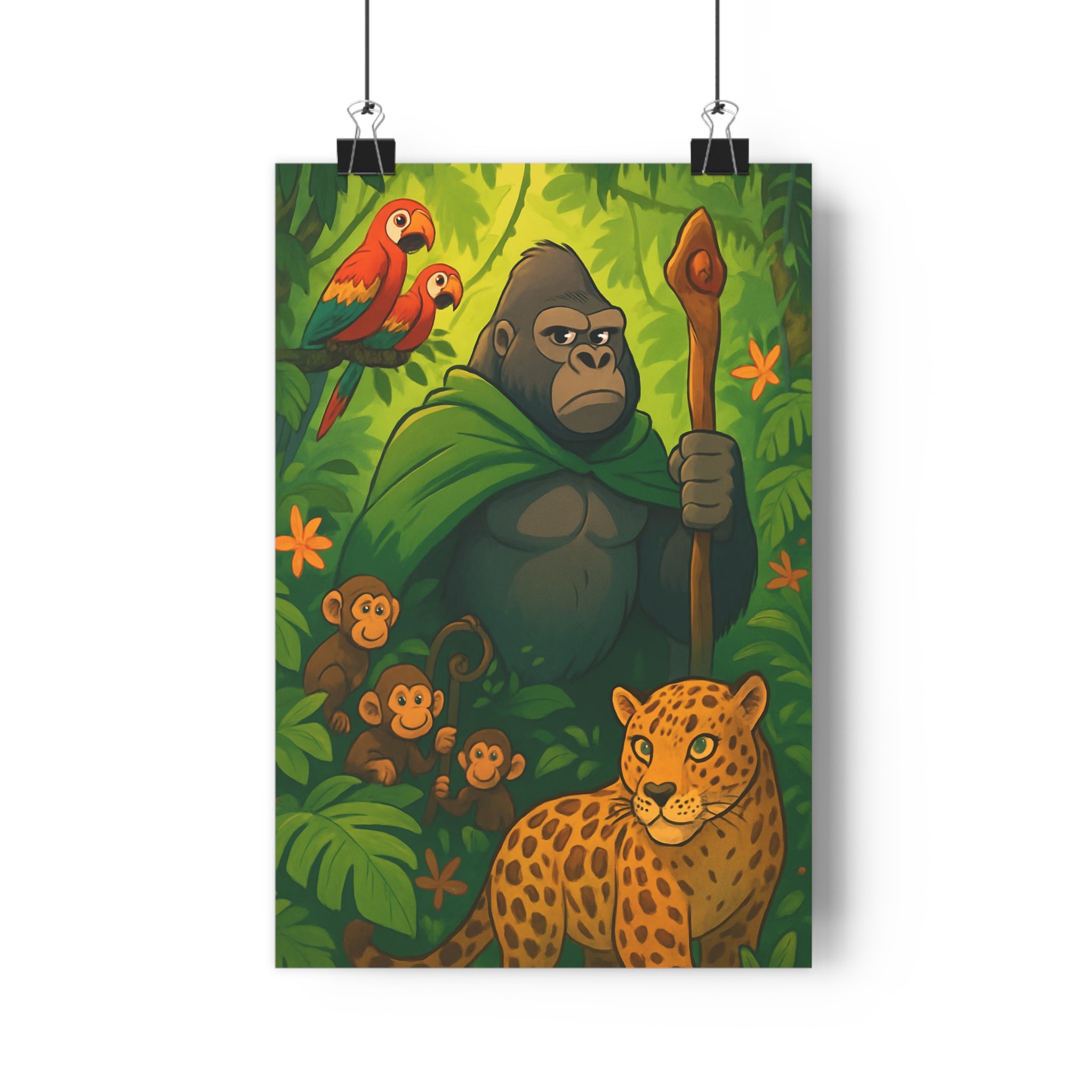 Poster décoratif jungle vibrant animaux cartoon joyeux chambre enfant coloré expressif sauvage nature aventure