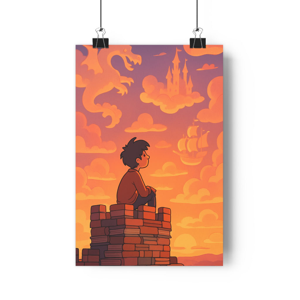 Poster décoratif rêveur onirique orange violet chambre lecture enfant dragon château nuages 30x46 qualité