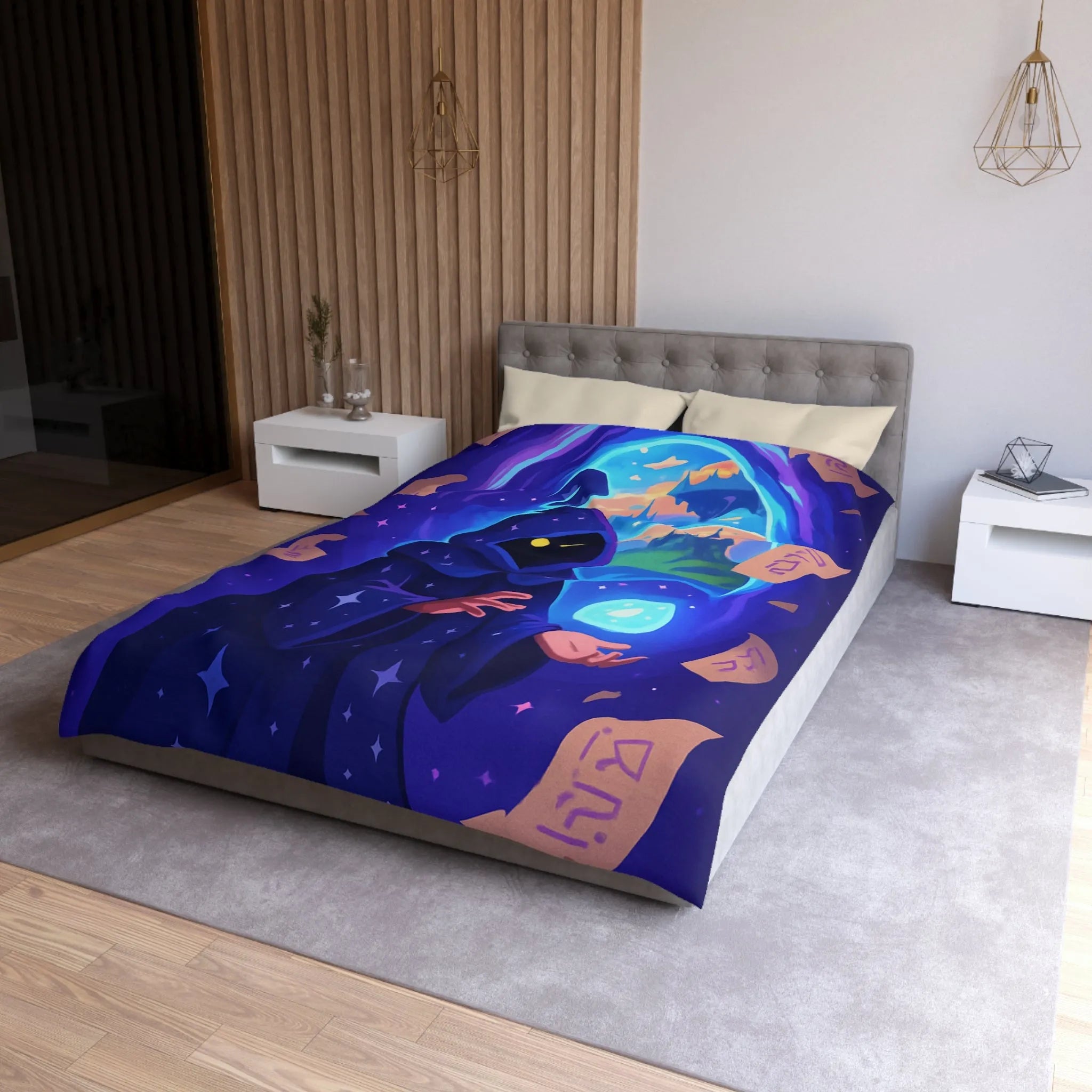 Housse de couette magique bleu nuit avec sorcier et château fantastique étoilé mystérieux