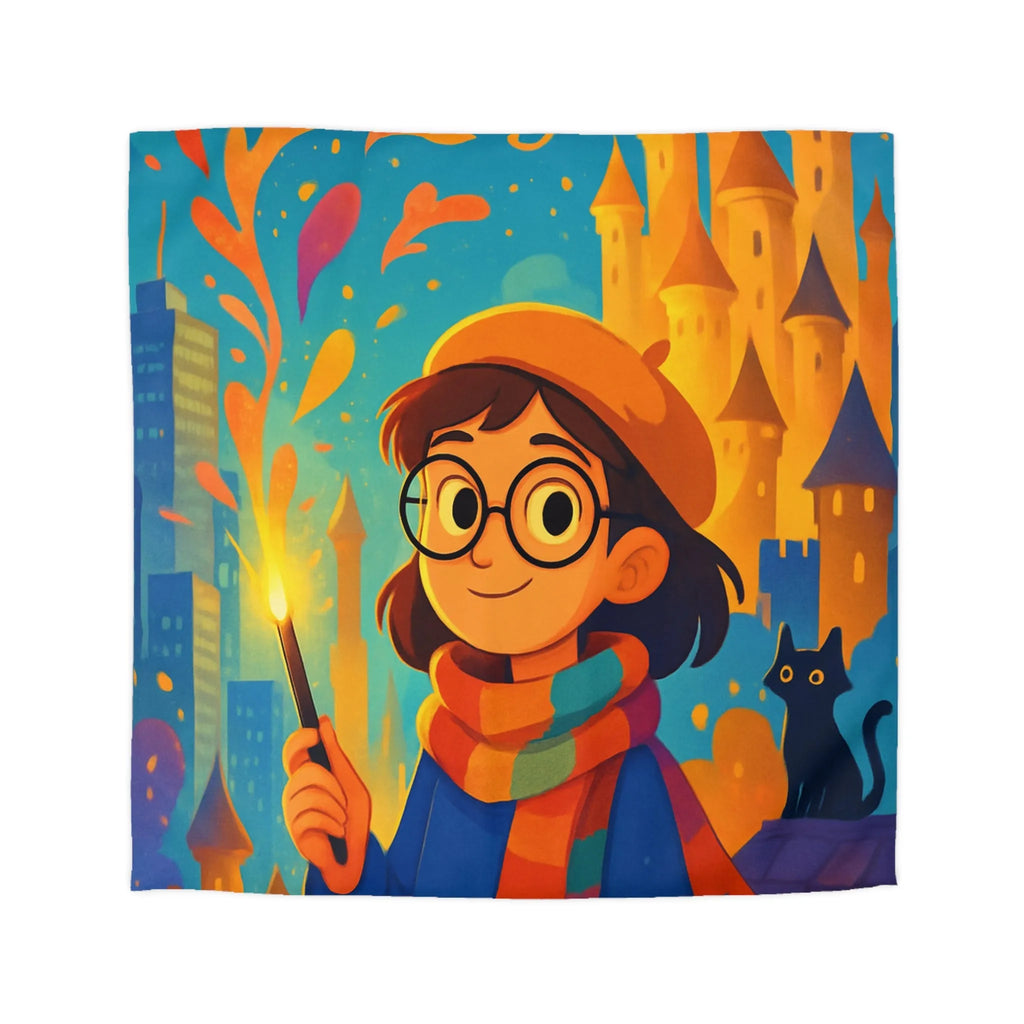 Housse de Couette Éclatante: Jeune Magicienne aux Couleurs Vives et Château Mystérieux