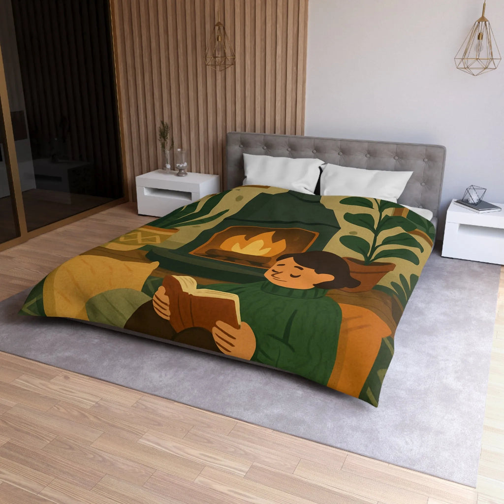 Housse de couette cosy avec cheminée et ambiance hygge, style scandinave relaxant