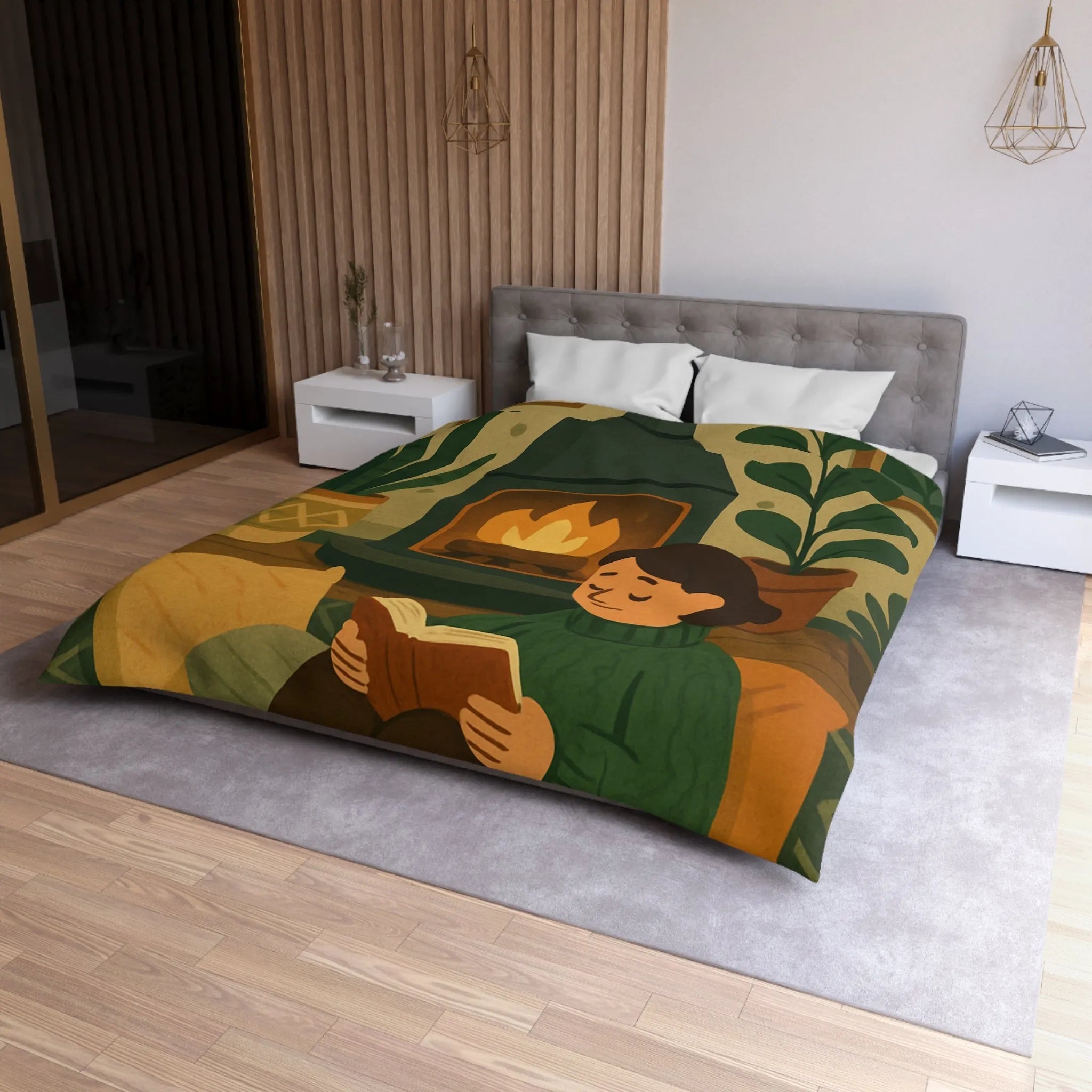 Housse de couette cosy avec cheminée et ambiance hygge, style scandinave relaxant