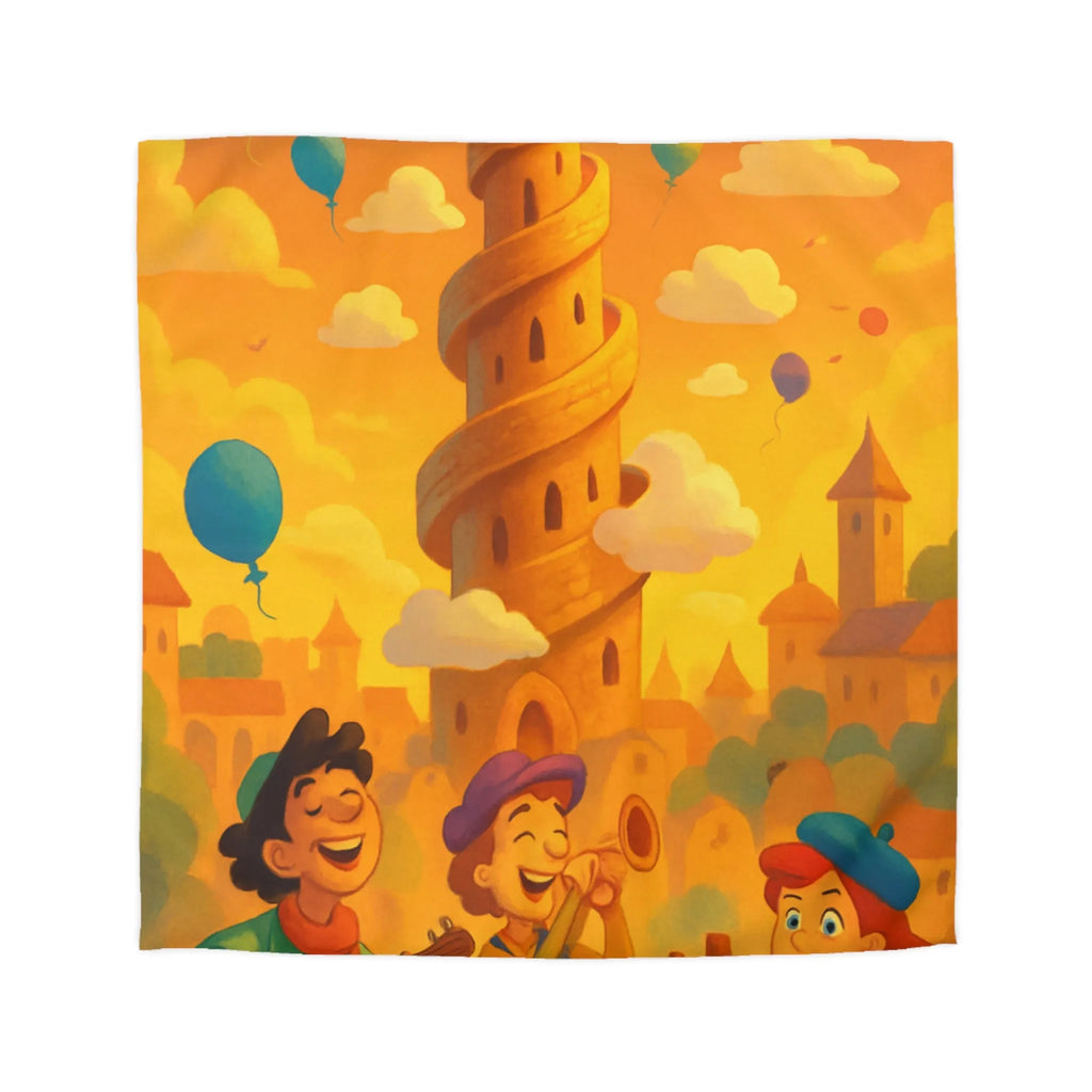 Housse de couette colorée imprimée d'une scène joyeuse avec tours et ballons pastel