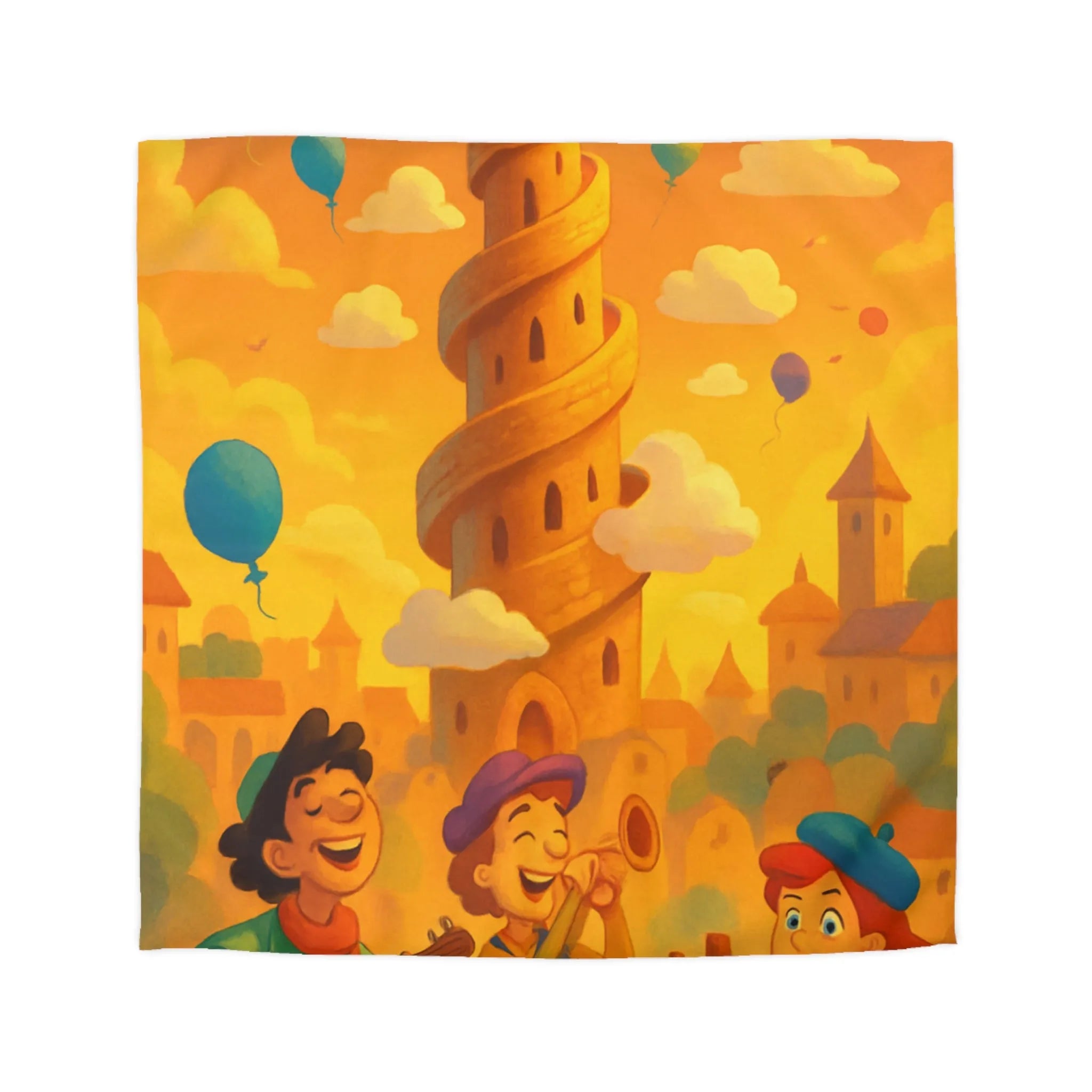 Housse de couette colorée imprimée d'une scène joyeuse avec tours et ballons pastel