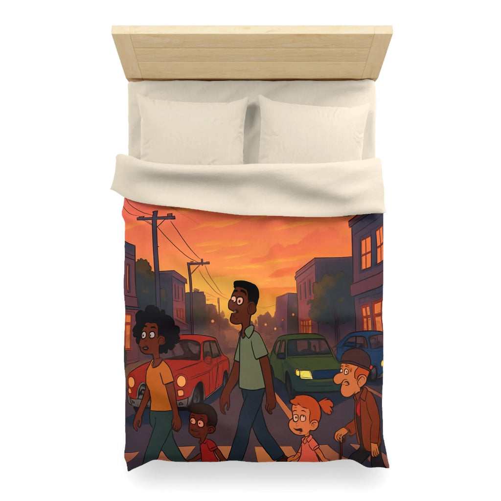 Housse de couette coucher de soleil urbain coloré, personnages divers traversant rue animée
