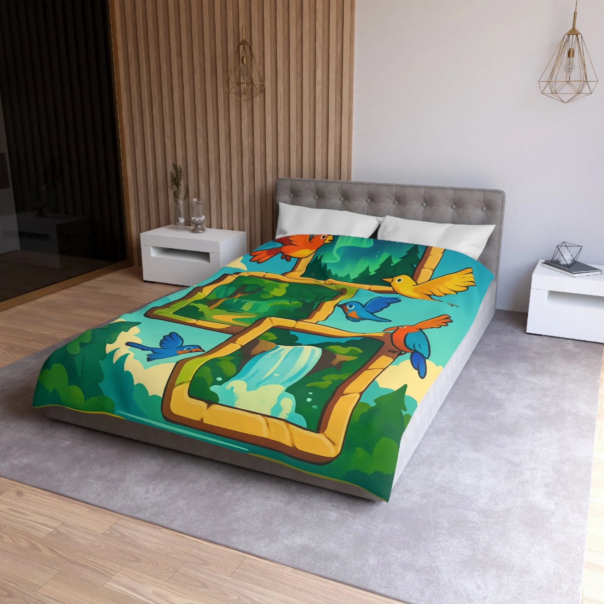 Housse de couette colorée avec oiseaux et scènes de nature paisible et dynamique