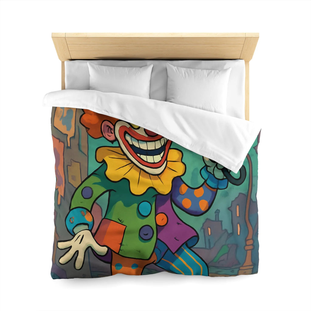 Housse de couette colorée avec clown joyeux et parapluie en pleine ville animée