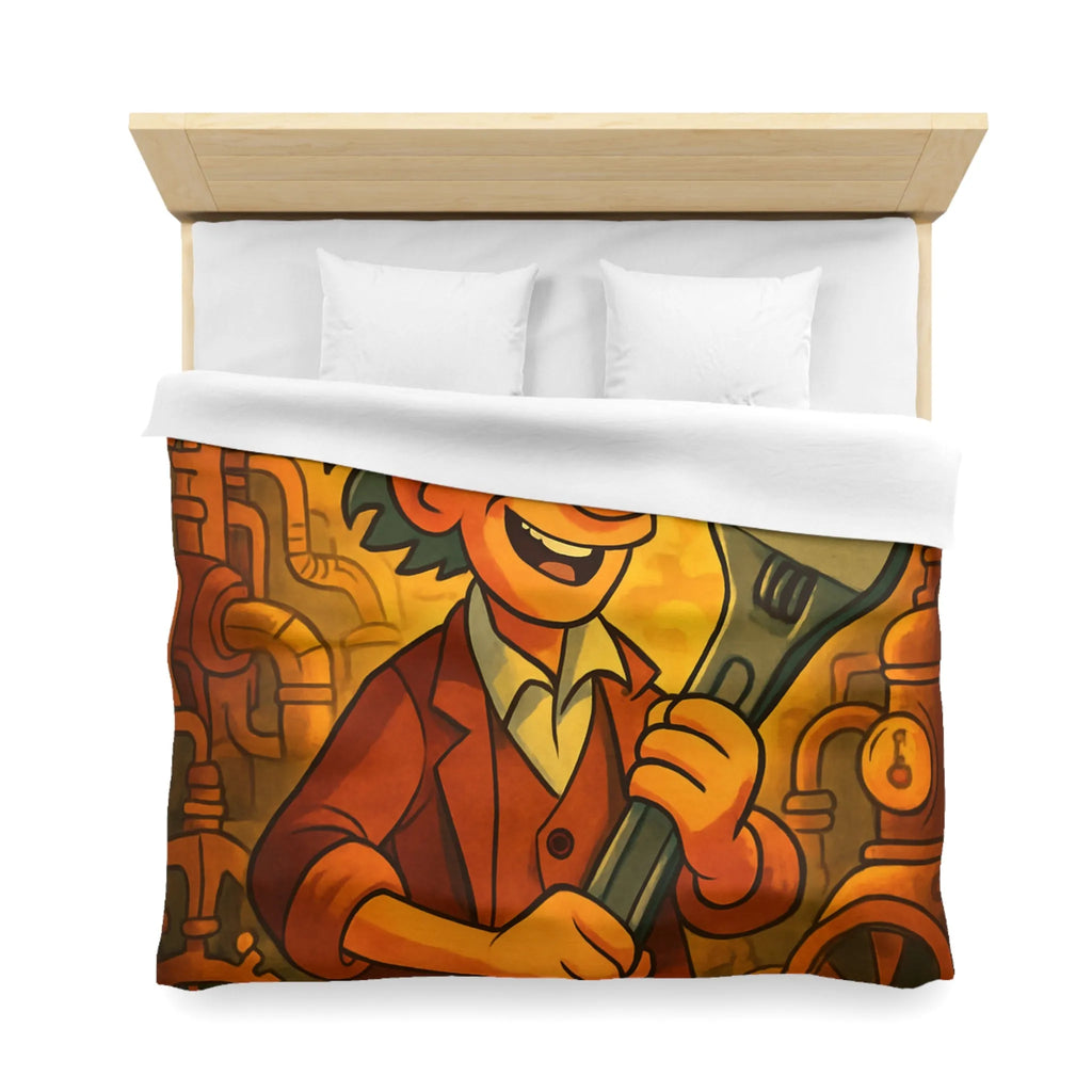 Housse de couette au style rétro avec inventeur animé dans un atelier coloré