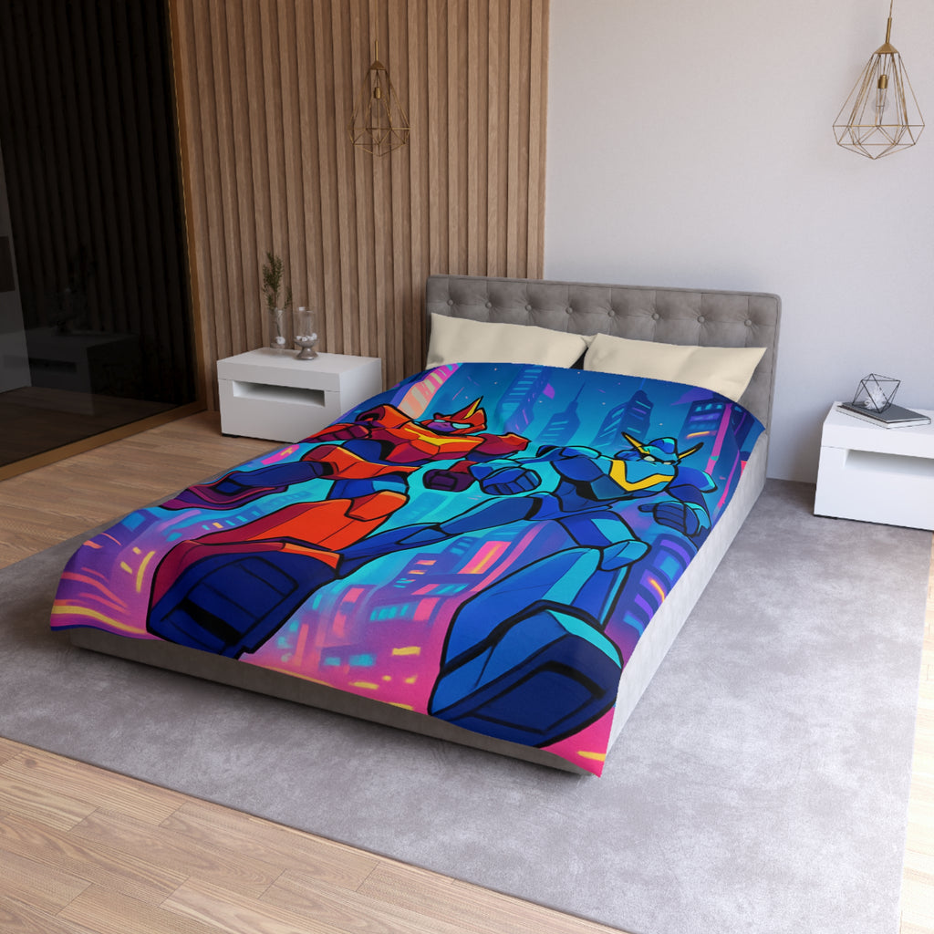 Housse de couette robot futuriste colorée, style rétro avec ambiance urbaine dynamique