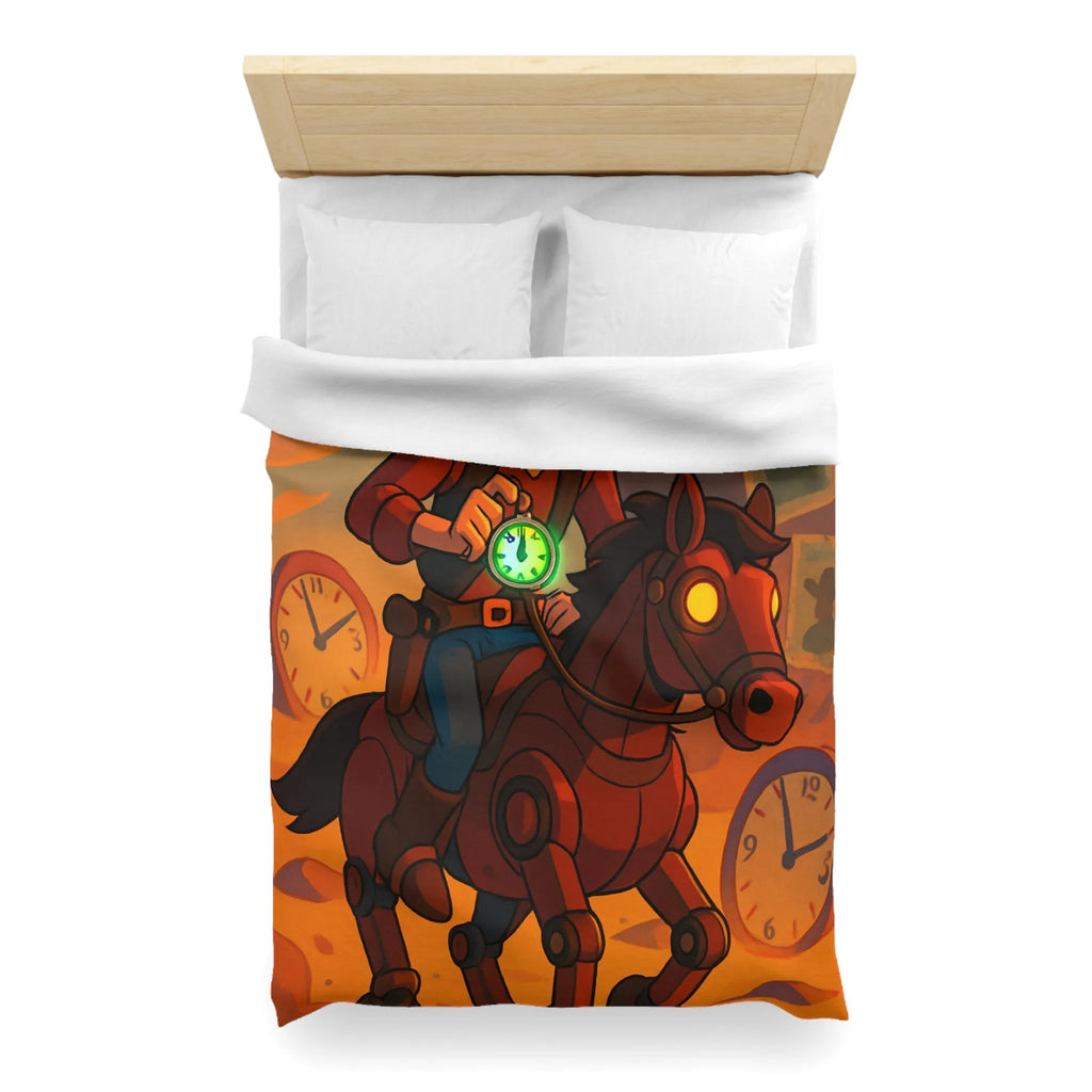 Housse de couette cowboy futuriste avec cheval mécanique et montres vintage dans désert