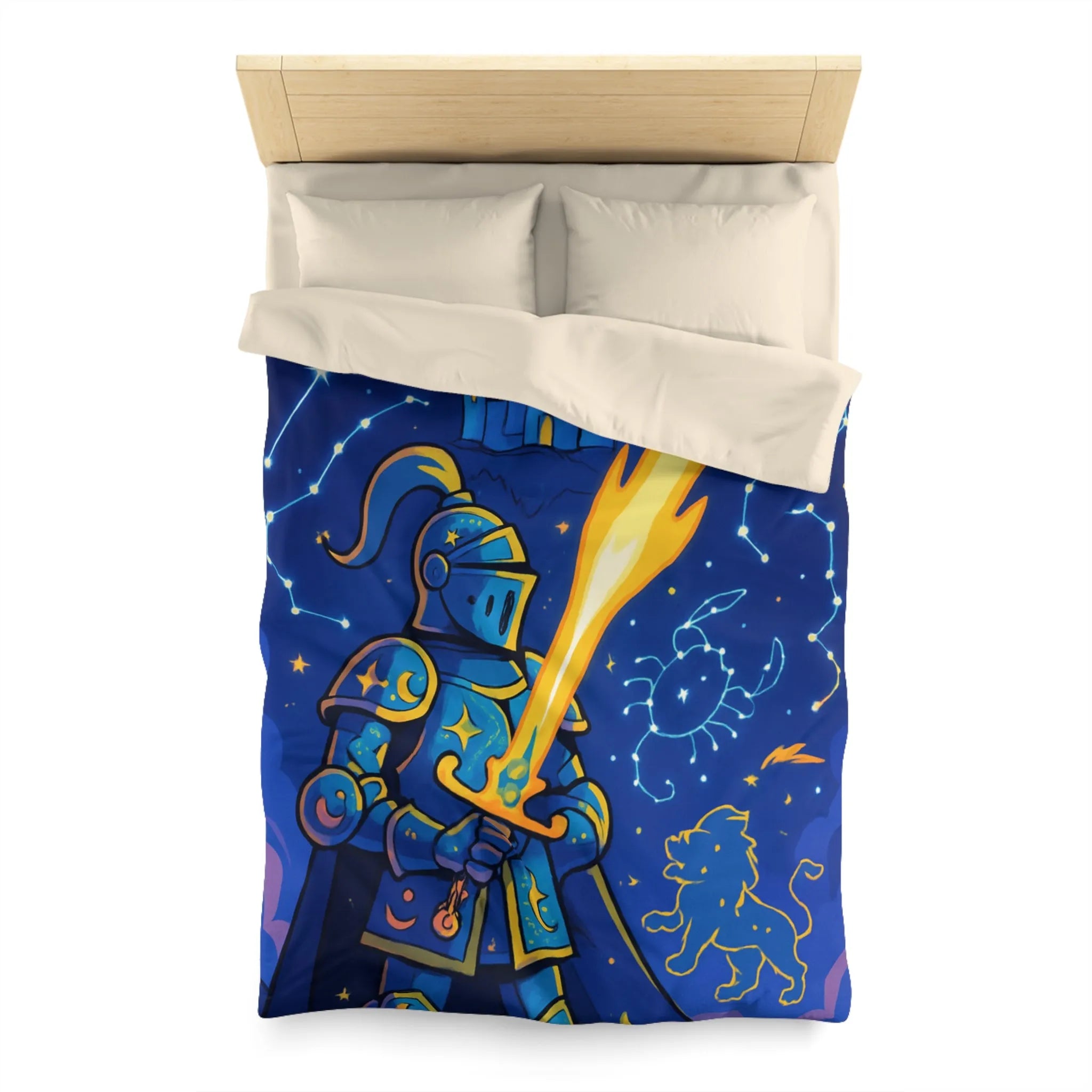 Housse de couette ludique pour chambre enfant avec chevalier et constellations étoilées magiques