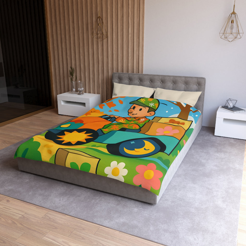 Housse de Couette Paisible Illustrant un Paysage Automnal avec Motifs Floraux et Naturels