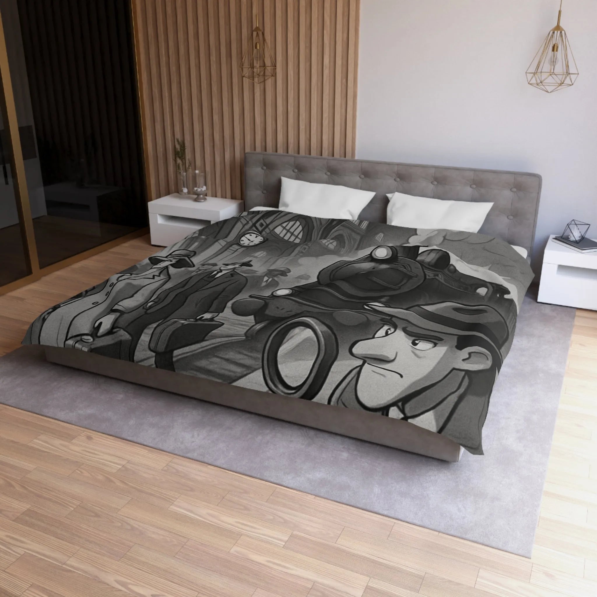 Élégante housse de couette rétro avec train à vapeur et ambiance mystérieuse noir et blanc