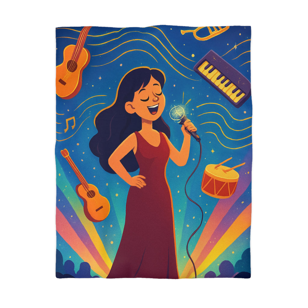 Housse de couette vibrante avec scène musicale, chanteuse et instruments illustrés colorés