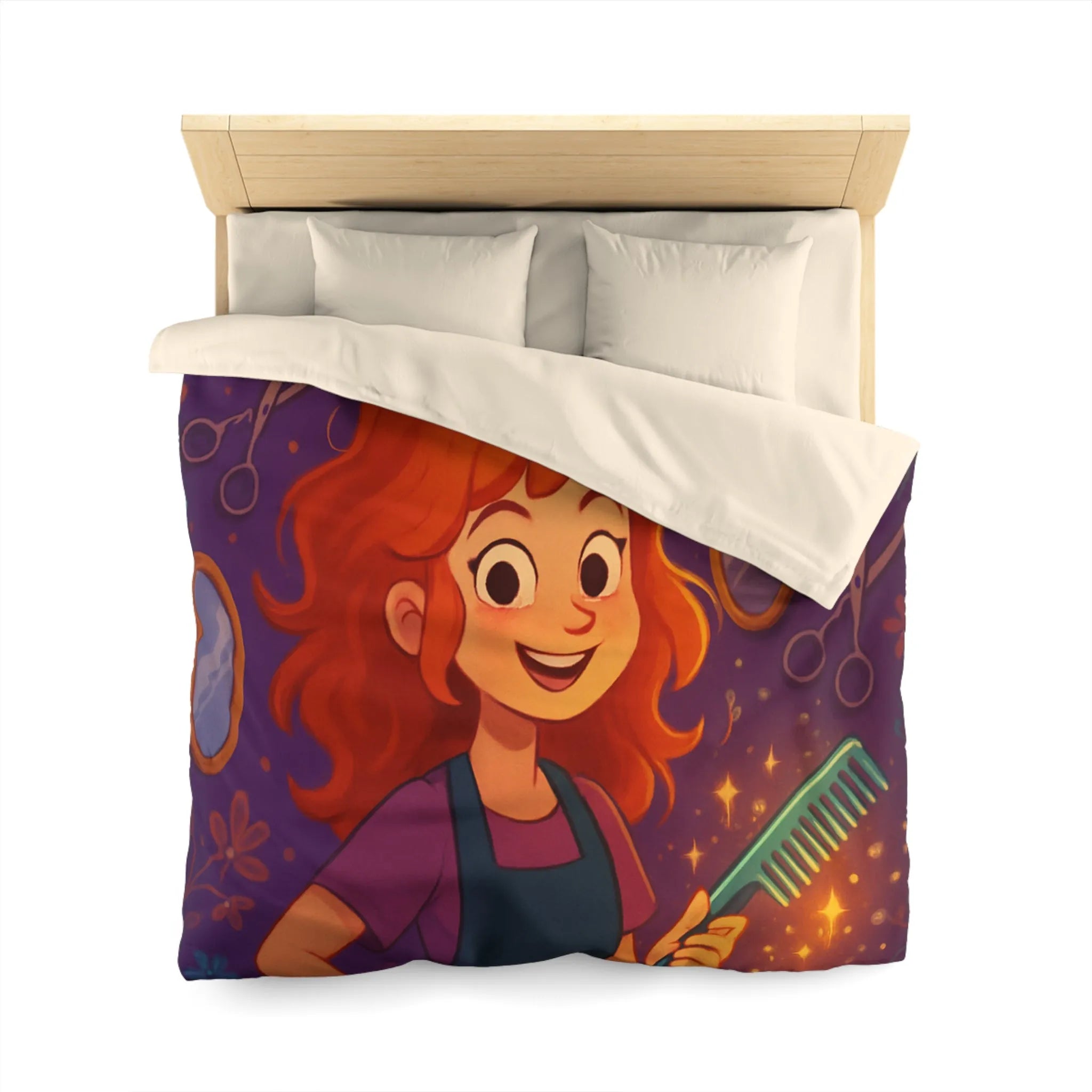 Housse de Couette Colorée avec Fille Rieuse et Ambiance Salon de Coiffure Magique