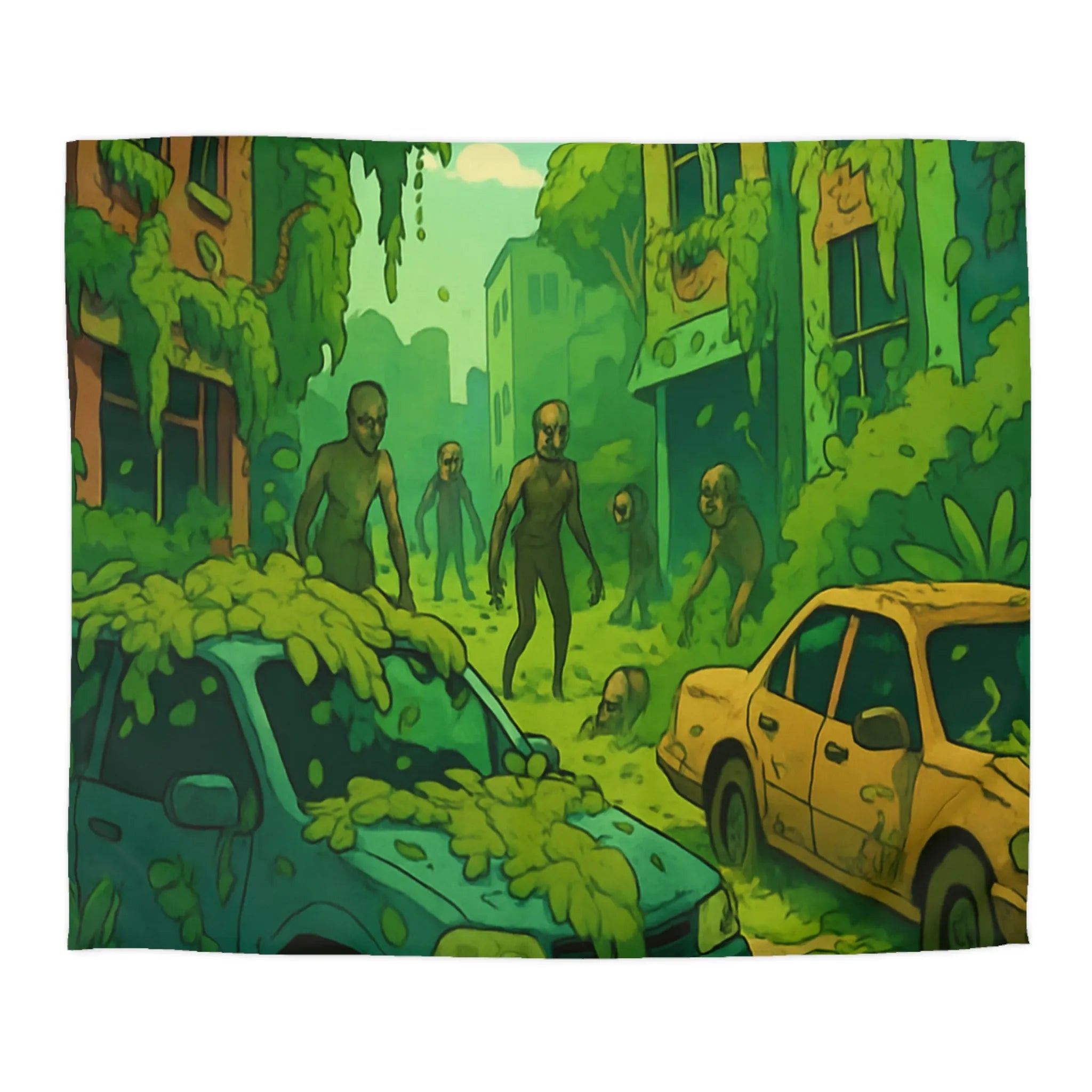 Housse de couette avec zombies et nature envahissante dans ville post-apocalyptique verte