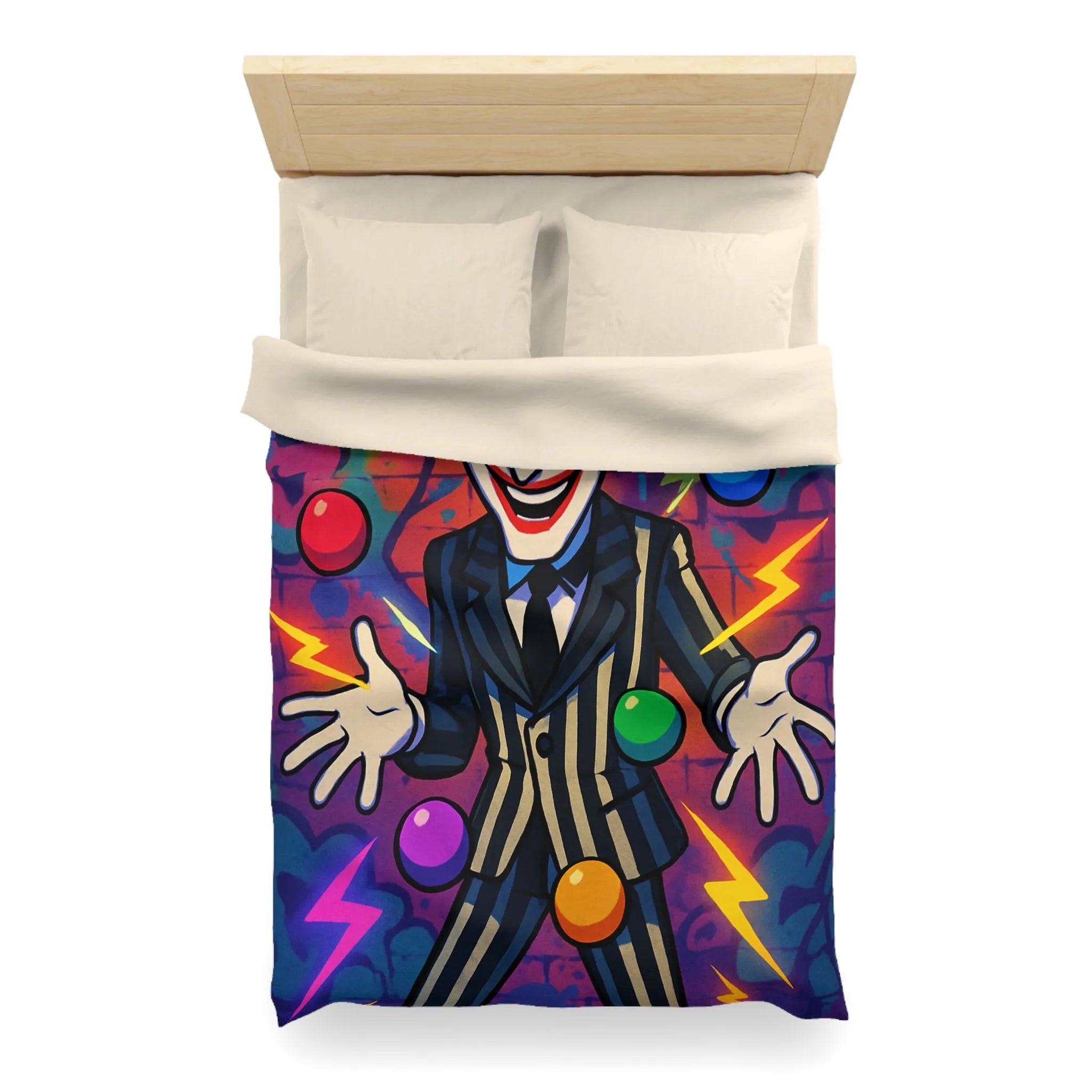 Housse de couette clown rayé jonglant avec des éclairs et des formes colorées