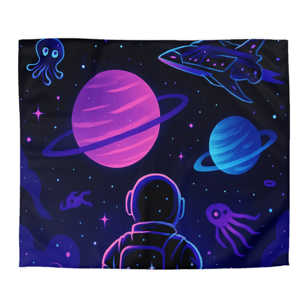 Housse de couette cosmique colorée avec astronaute, planètes et motifs galactiques rêveurs