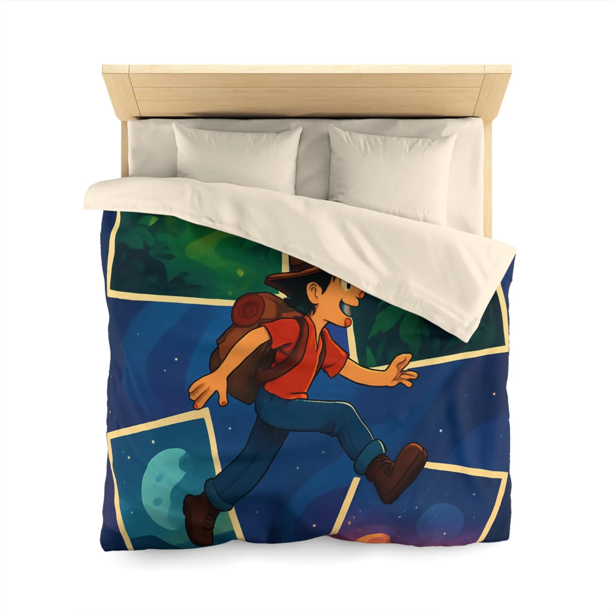 Housse de couette colorée avec illustrations d'aventure forêt, ville, désert, espace