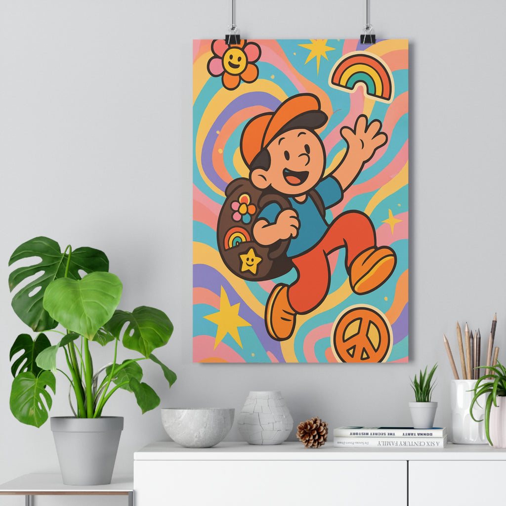 Poster décoratif joyeux coloré rétro moderne chambre enfant fleur pastel arcenciel dessin animé ambiance