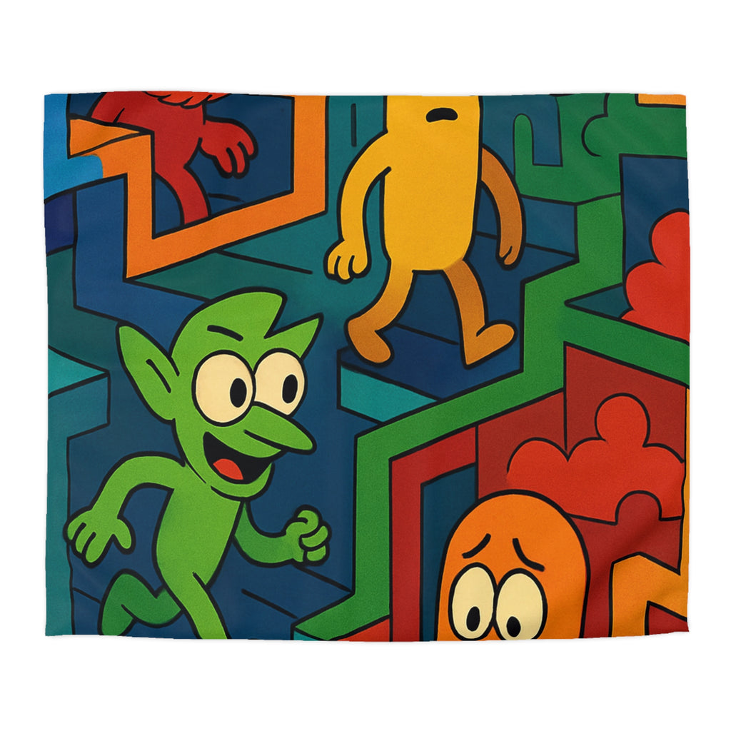 Housse de couette multicolore avec labyrinthes et personnages fantaisistes en motifs géométriques