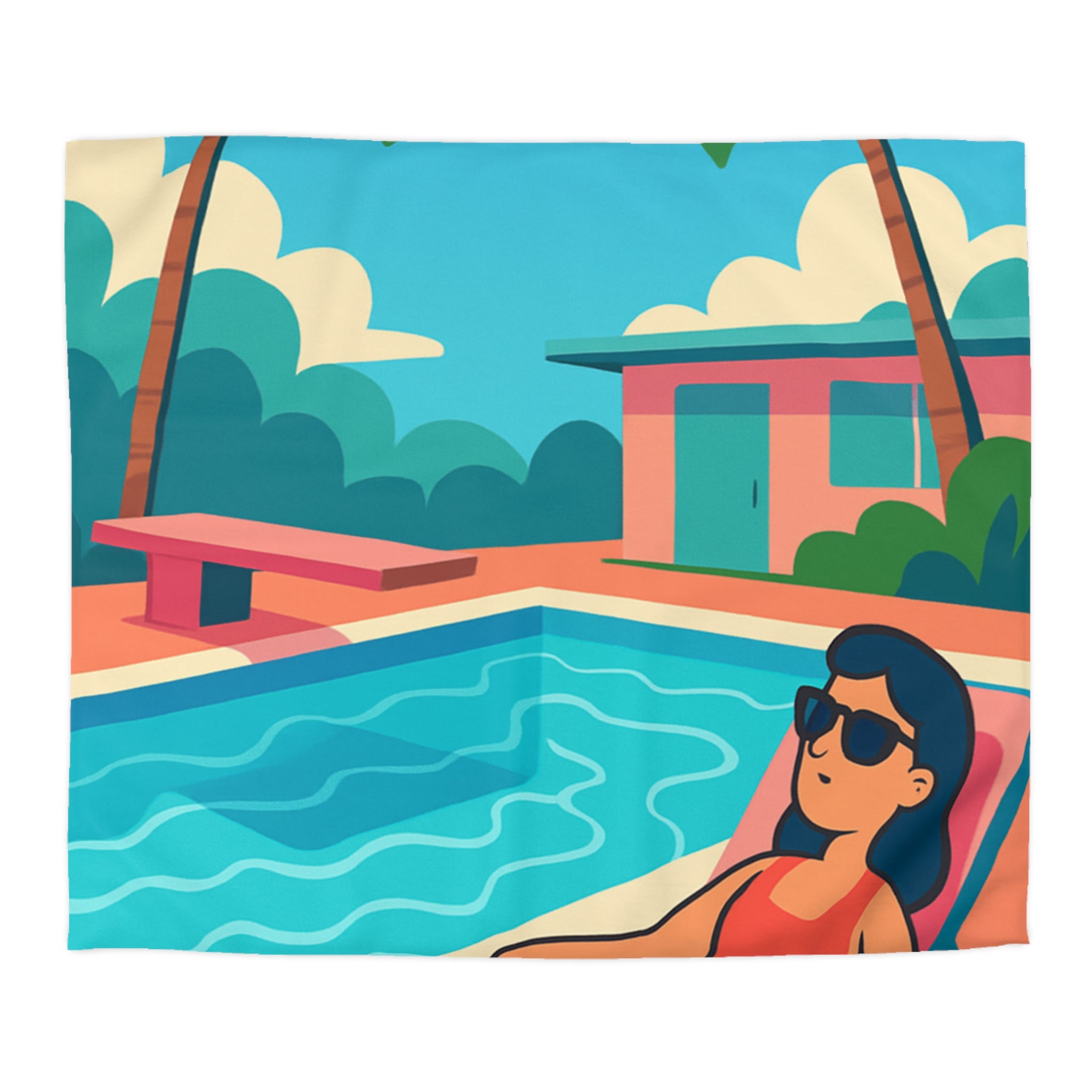 Vibrante housse de couette avec illustration de piscine et palmiers ambiance tropicale