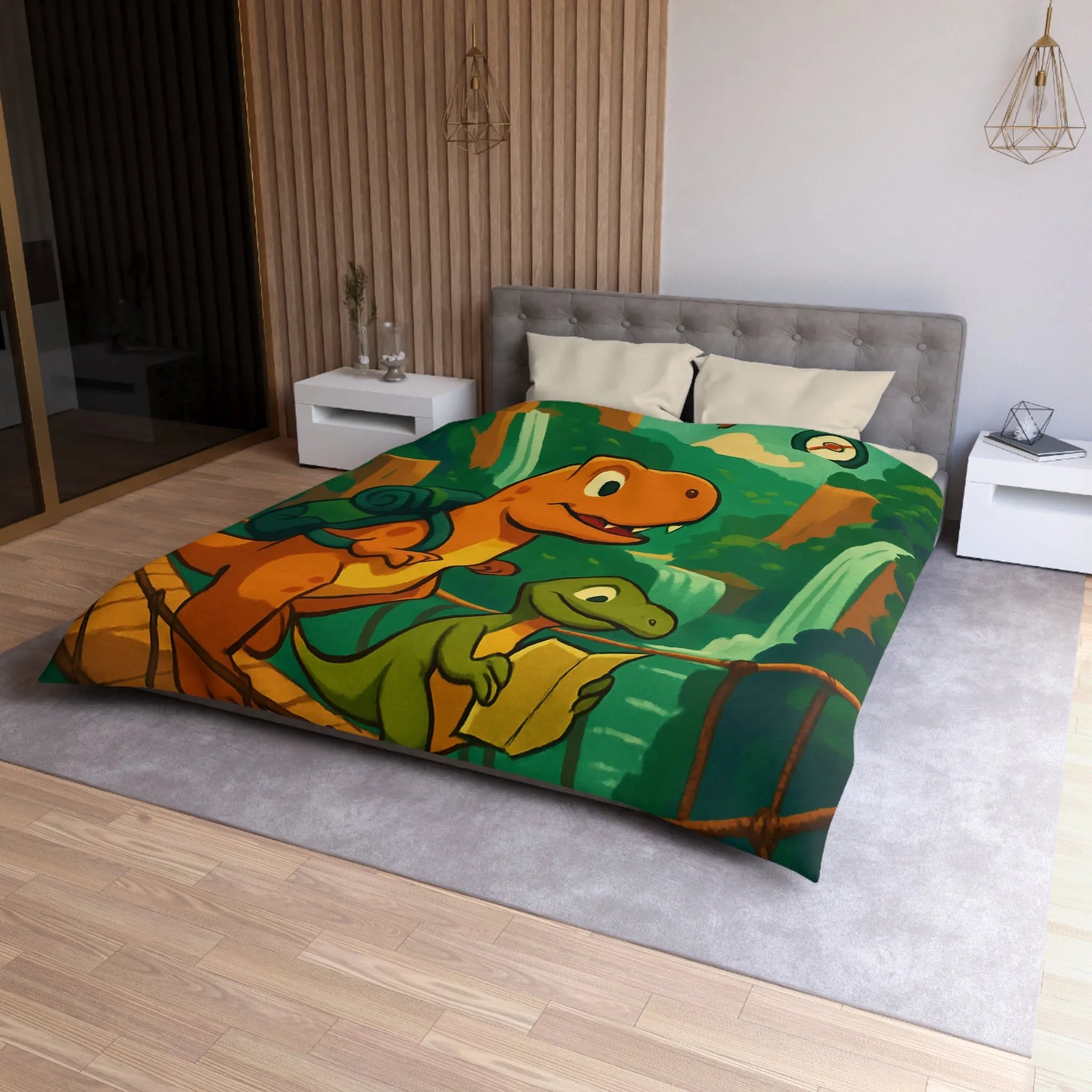 Housse de couette avec dinosaures explorateurs sur pont suspendu dans jungle luxuriante