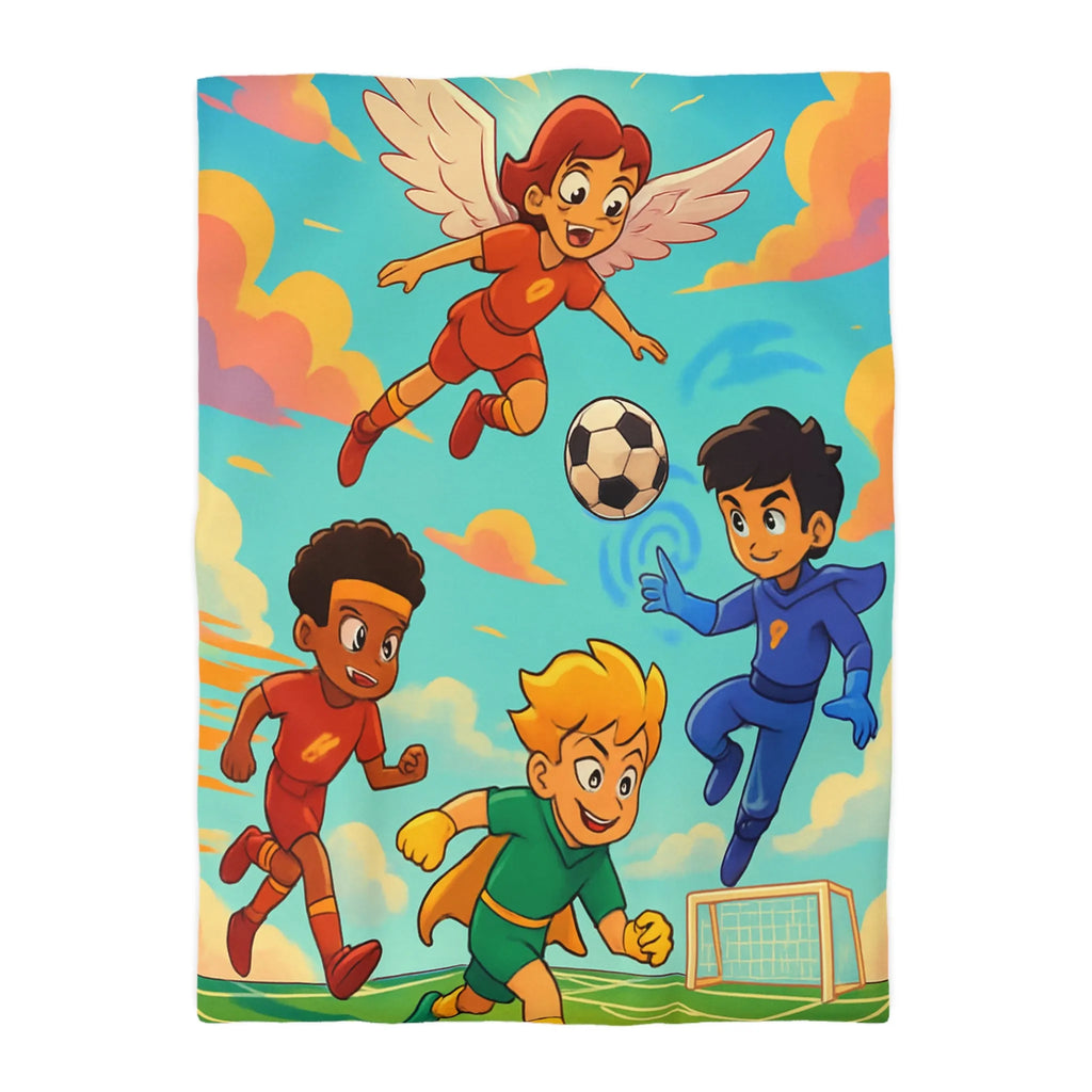 Housse de couette colorée avec enfants jouant au football dans un style cartoon céleste