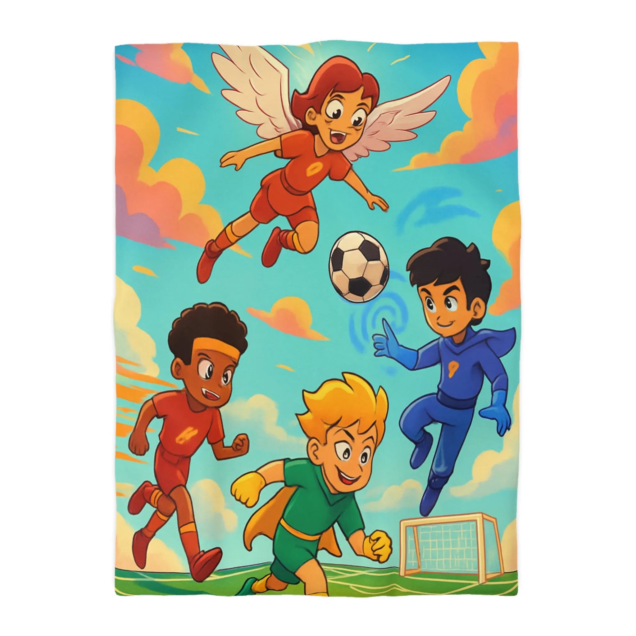 Housse de couette colorée avec enfants jouant au football dans un style cartoon céleste