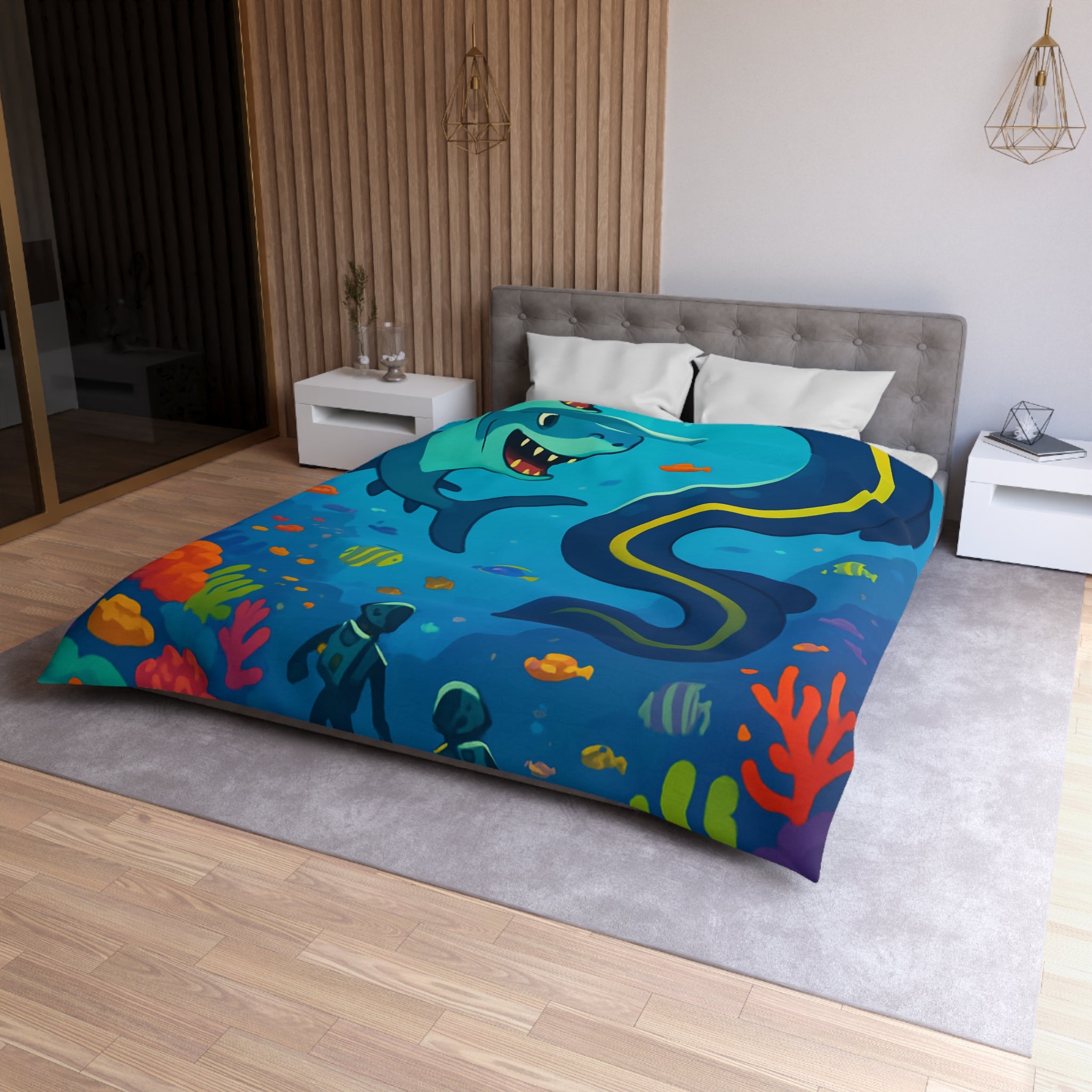 Housse de couette océan vibrante avec requins amicaux et plongeurs explorateurs