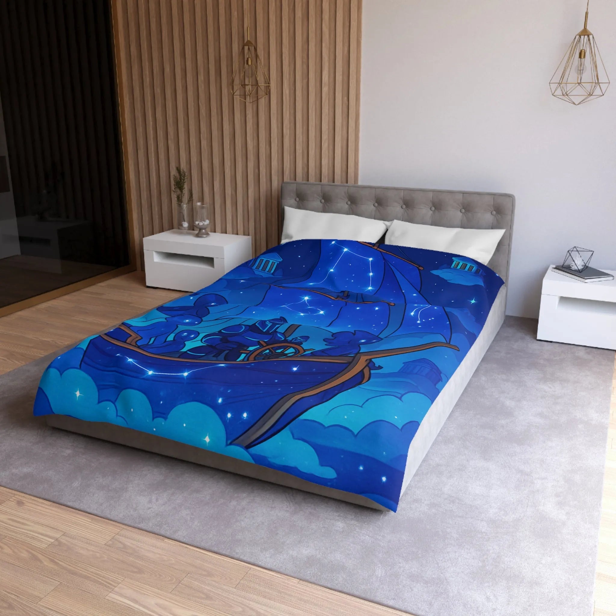 Housse de Couette Inspirée Ciel Étoilé avec Bateau et Constellations Bleu Nuit