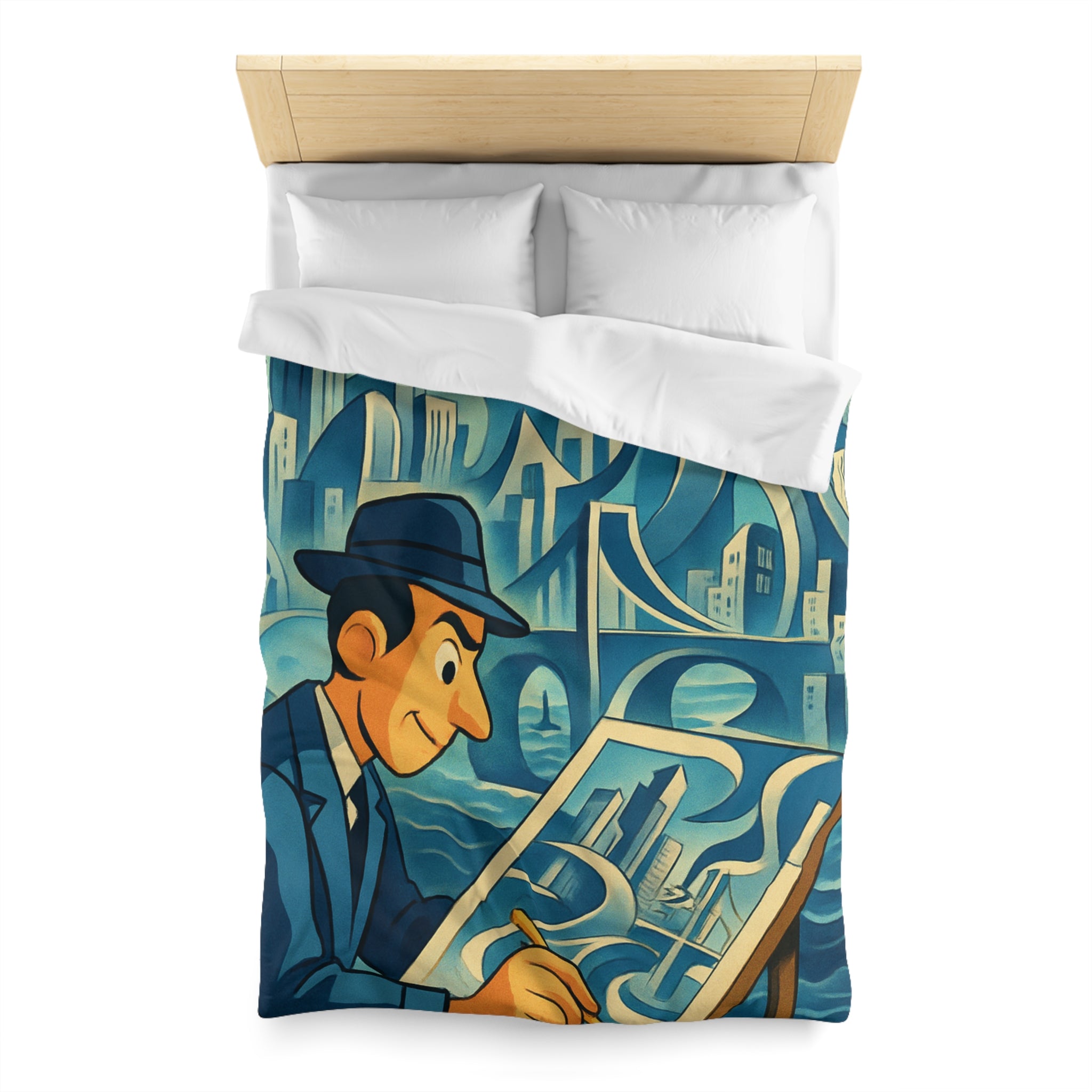 Motifs artistiques urbains bleus et jaunes pour une housse de couette moderne et stylée