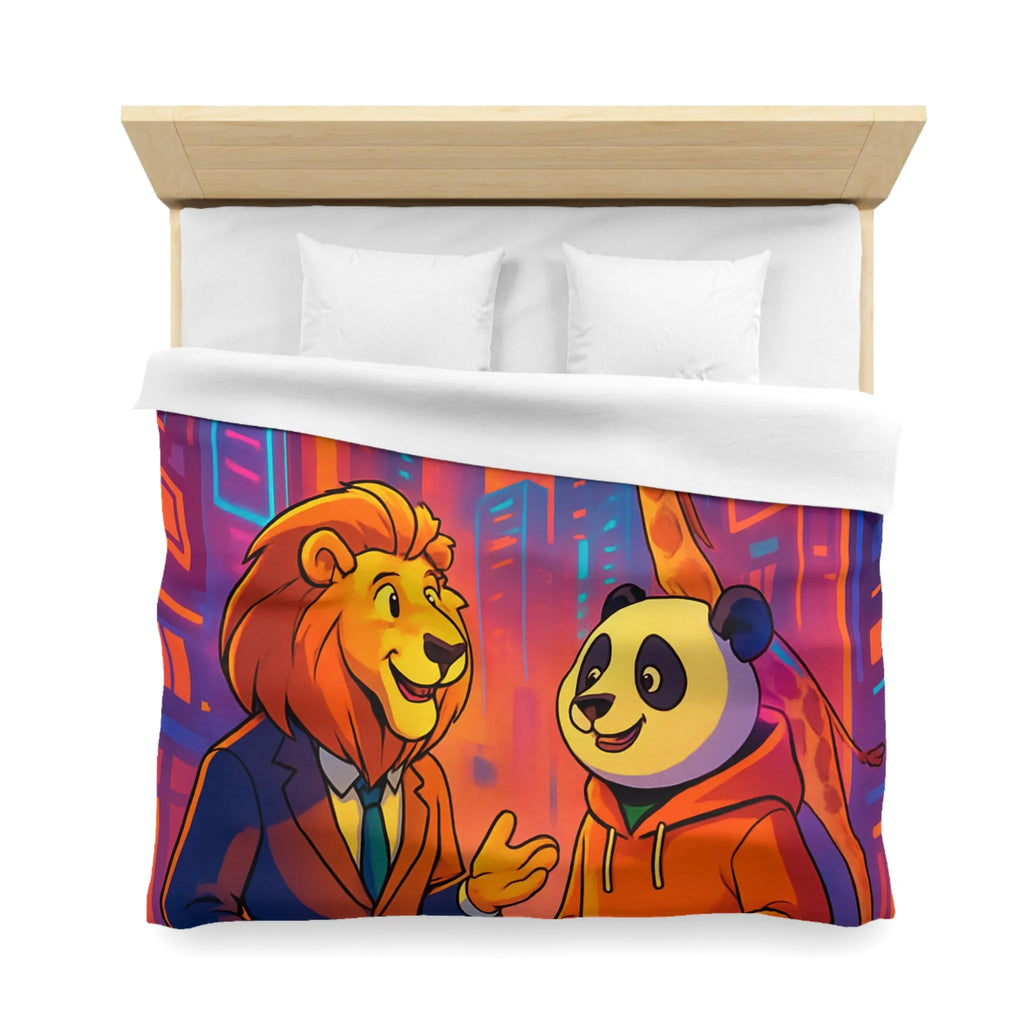Housse de couette colorée avec lion et panda en costume urbain de ville futuriste
