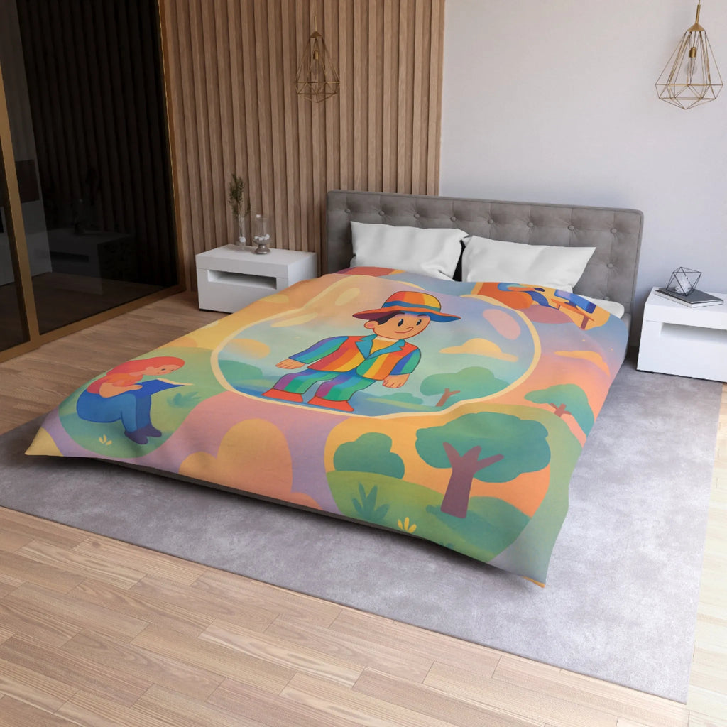 Housse de couette aux motifs rêveurs de personnages dans des bulles colorées et apaisantes