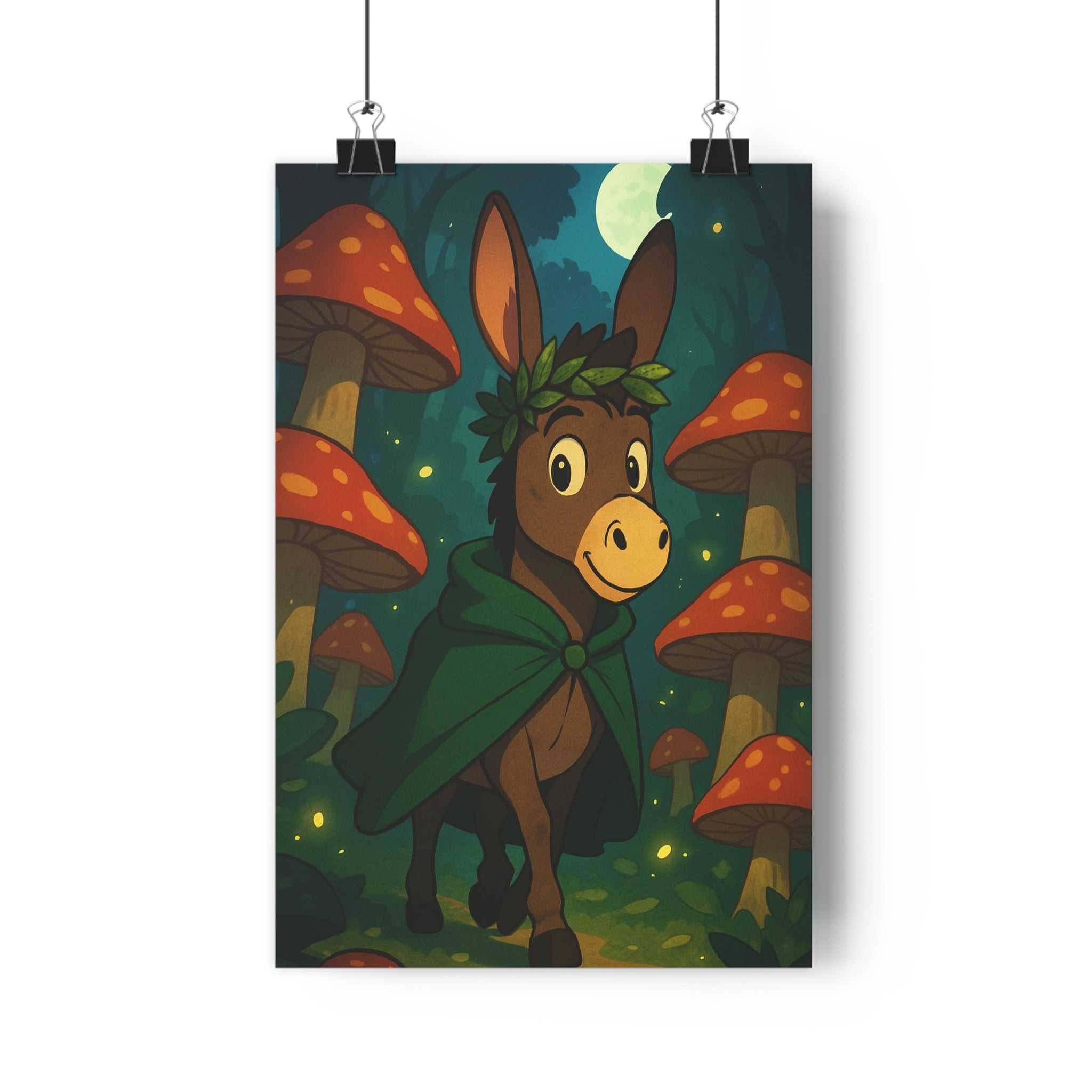 Poster décoratif âne forêt enchantée coloré magique féerique chambre enfant art nature ambiance champignons