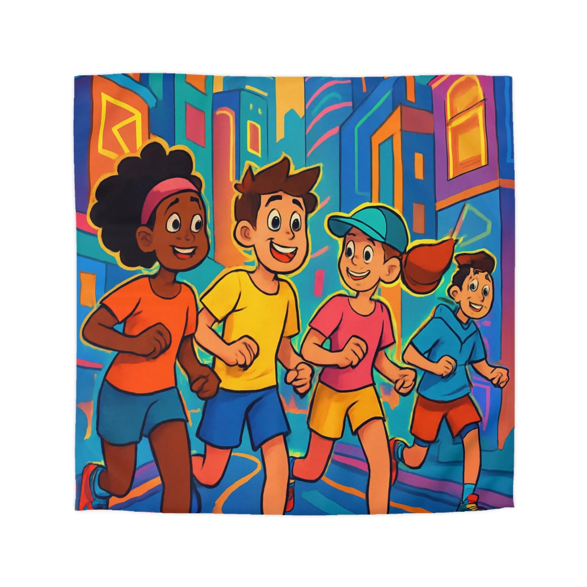 Ensemble d'enfants colorés courant en ville, illustration dynamique pour housse de couette vive