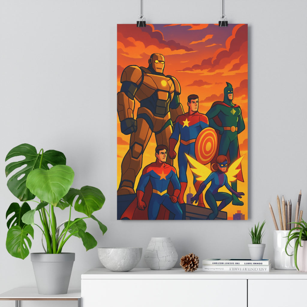 Poster décoratif superhéros cartoon moderne coloré énergique orange violet chambre bureau épique dynamique 30x46